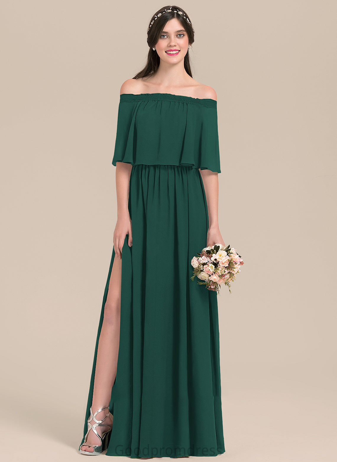 A-Line Neckline SplitFront Length Off-the-Shoulder Embellishment Fabric Silhouette Floor-Length Emelia A-Line/Princess Floor Length Bridesmaid Dresses