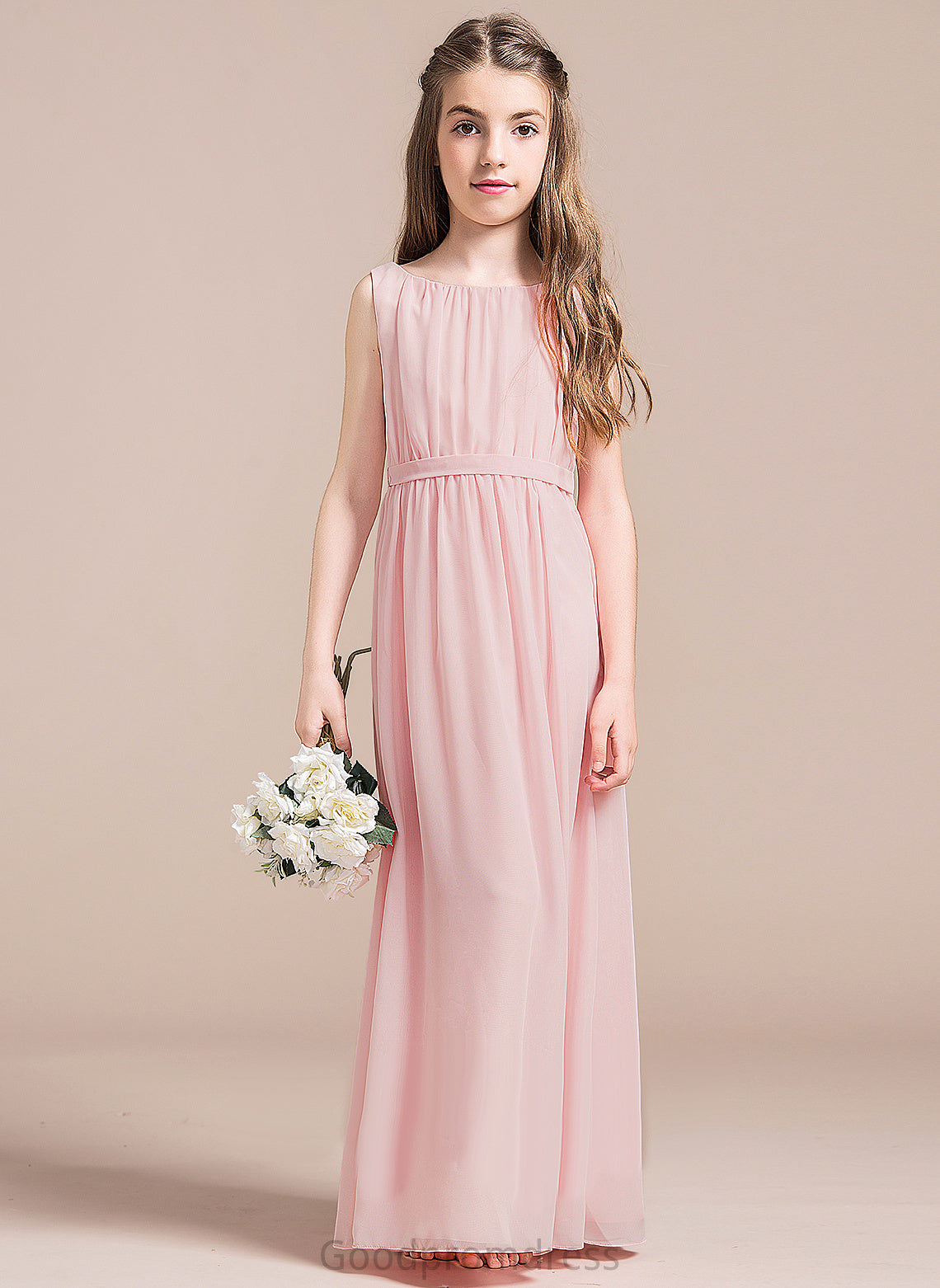 Annabel Front With Split Chiffon Ruffle A-Line Floor-Length Neck Junior Bridesmaid Dresses Scoop