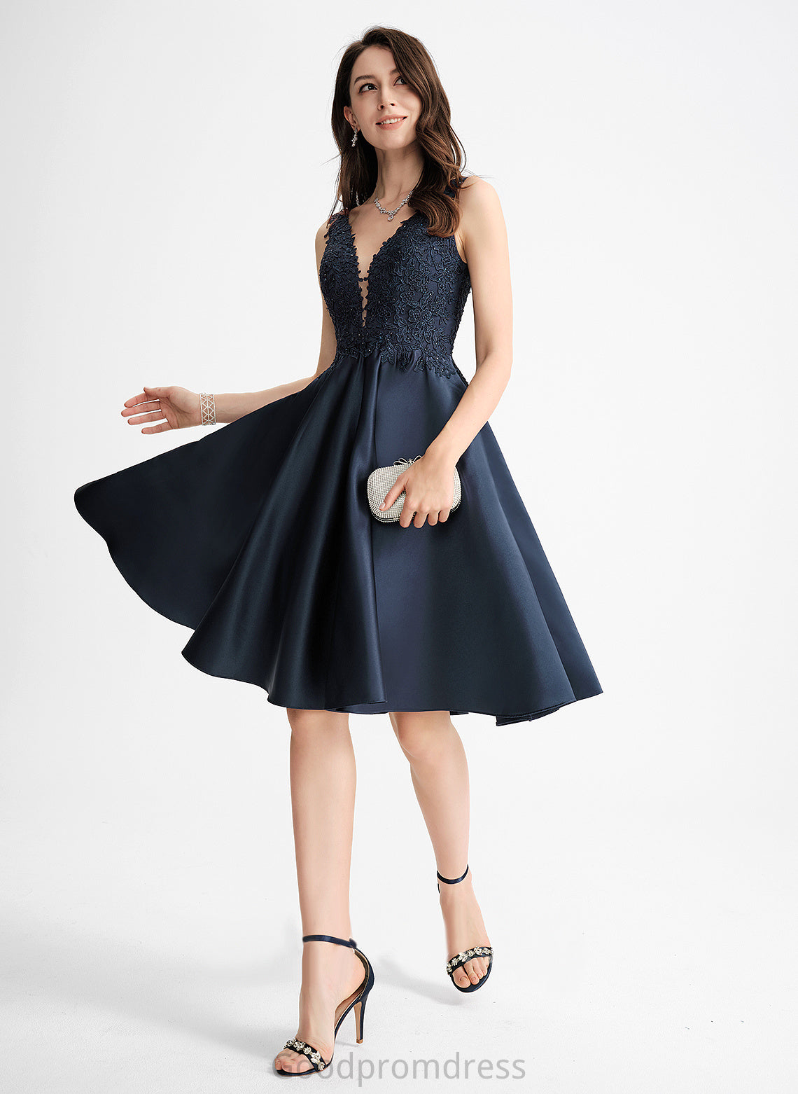 V-neck A-Line Lace Homecoming Beading Knee-Length With Satin Homecoming Dresses Alejandra Dress