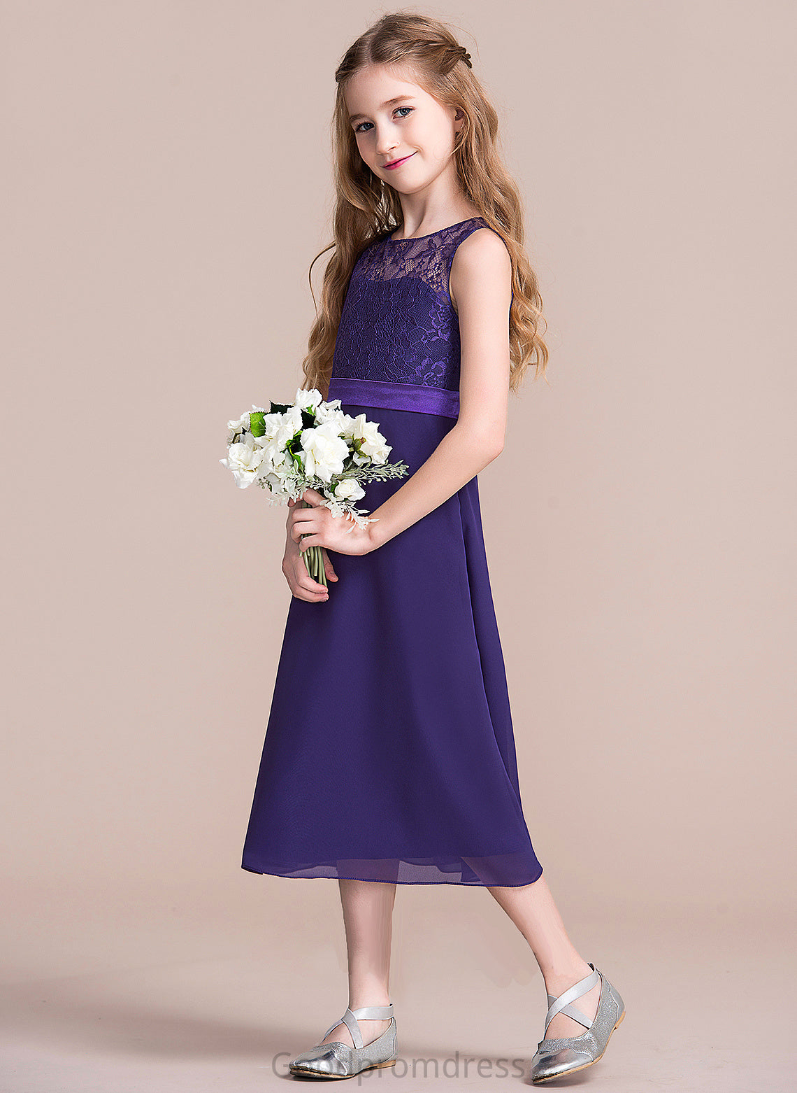 Neck Tea-Length Patsy Junior Bridesmaid Dresses A-Line Scoop Chiffon