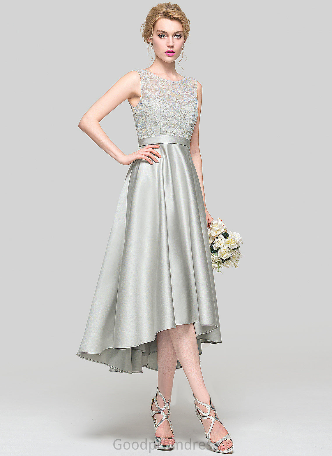 ScoopNeck Satin Silhouette Length Neckline Straps A-Line Fabric Lace Asymmetrical Savannah Sleeveless Bridesmaid Dresses