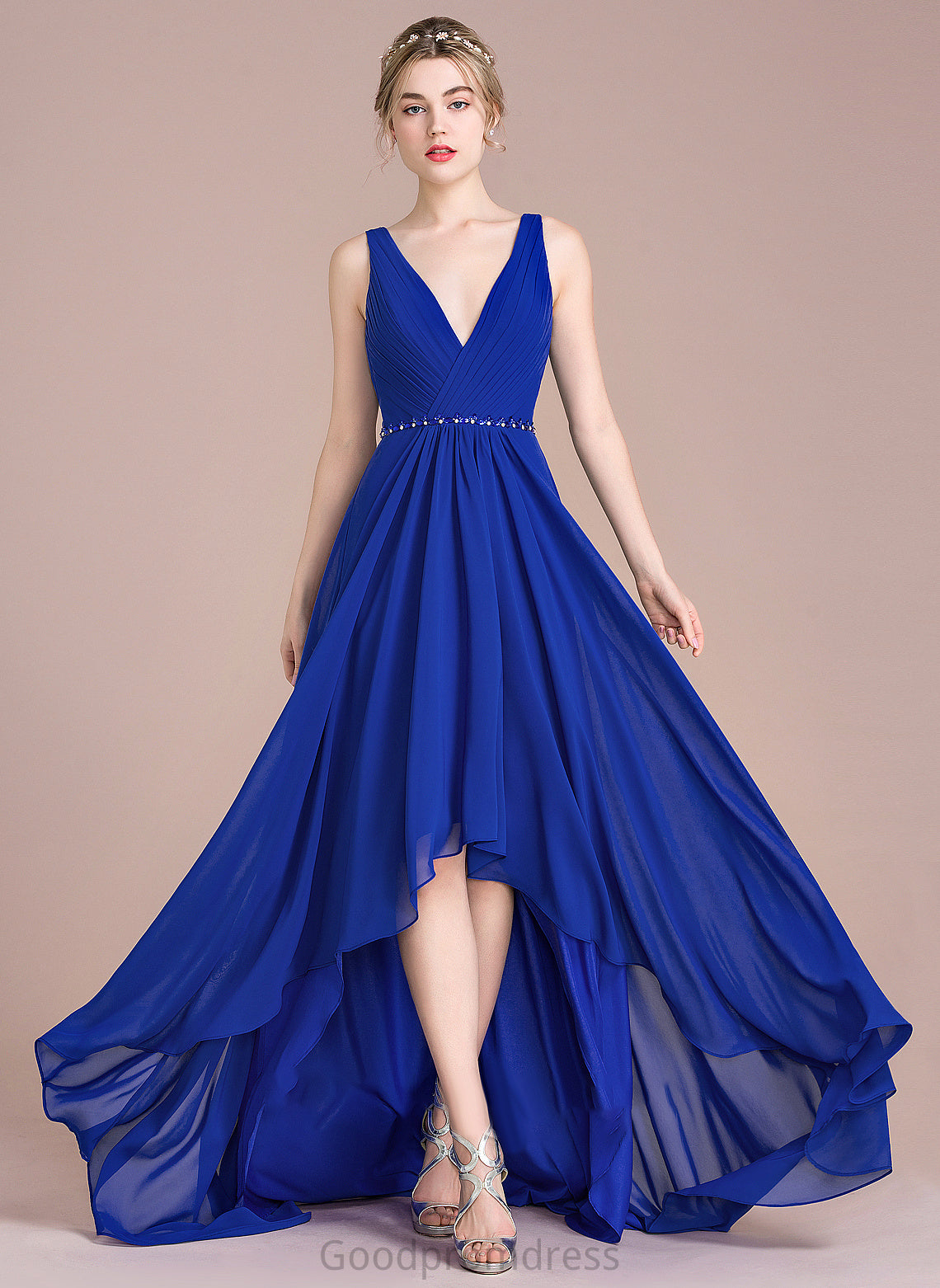 A-Line Ruffle Beading Prom Dresses Sequins Hailie Chiffon With V-neck Asymmetrical