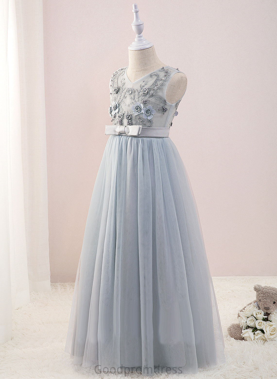 Flower Girl Dresses Flower V-neck Tulle/Lace Floor-length Girl Sleeveless Beryl Beading/Flower(s) - Dress A-Line With