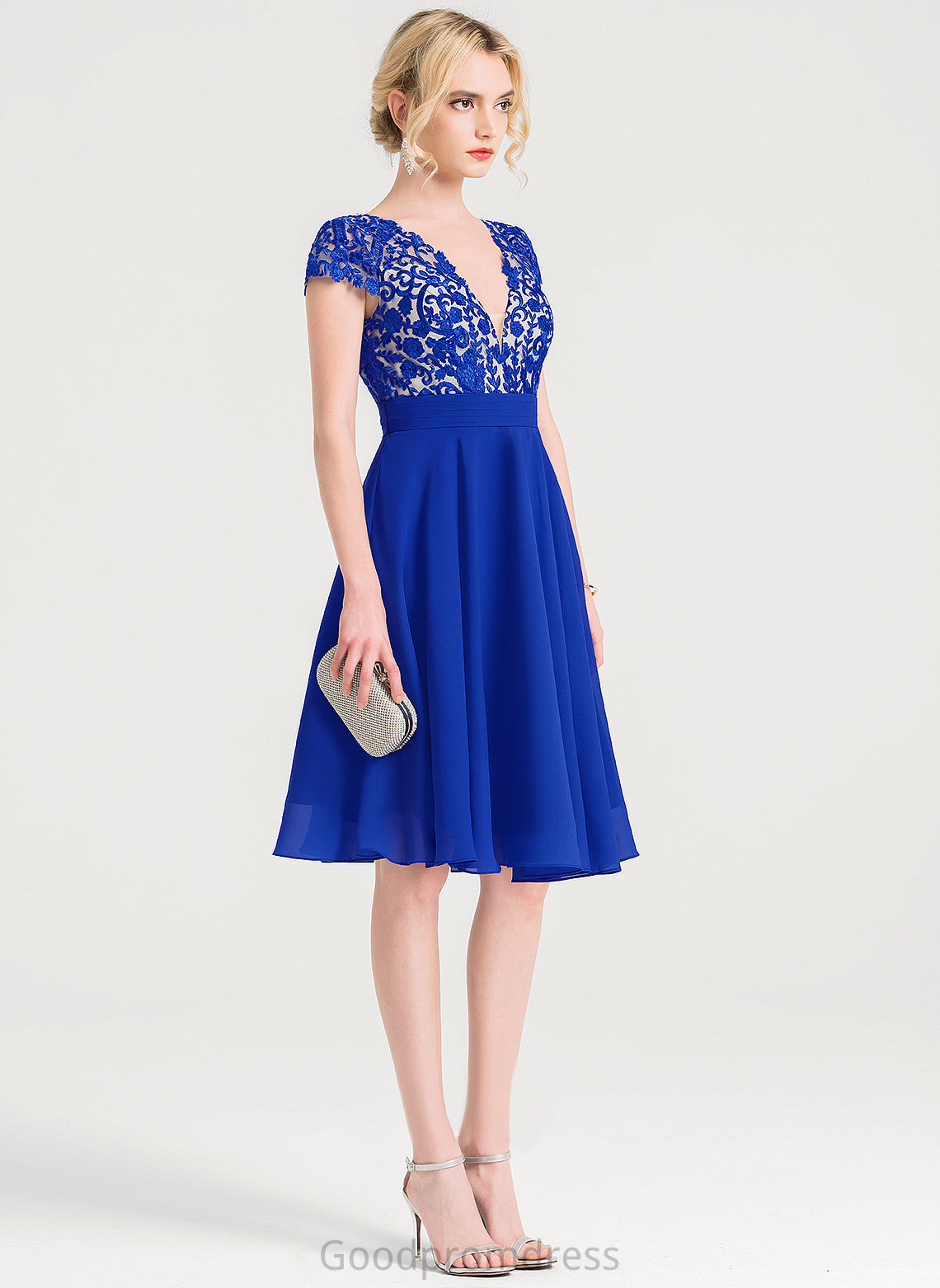 A-Line With Ruffle Cocktail Dresses V-neck Knee-Length Lace Cocktail Valentina Dress Chiffon