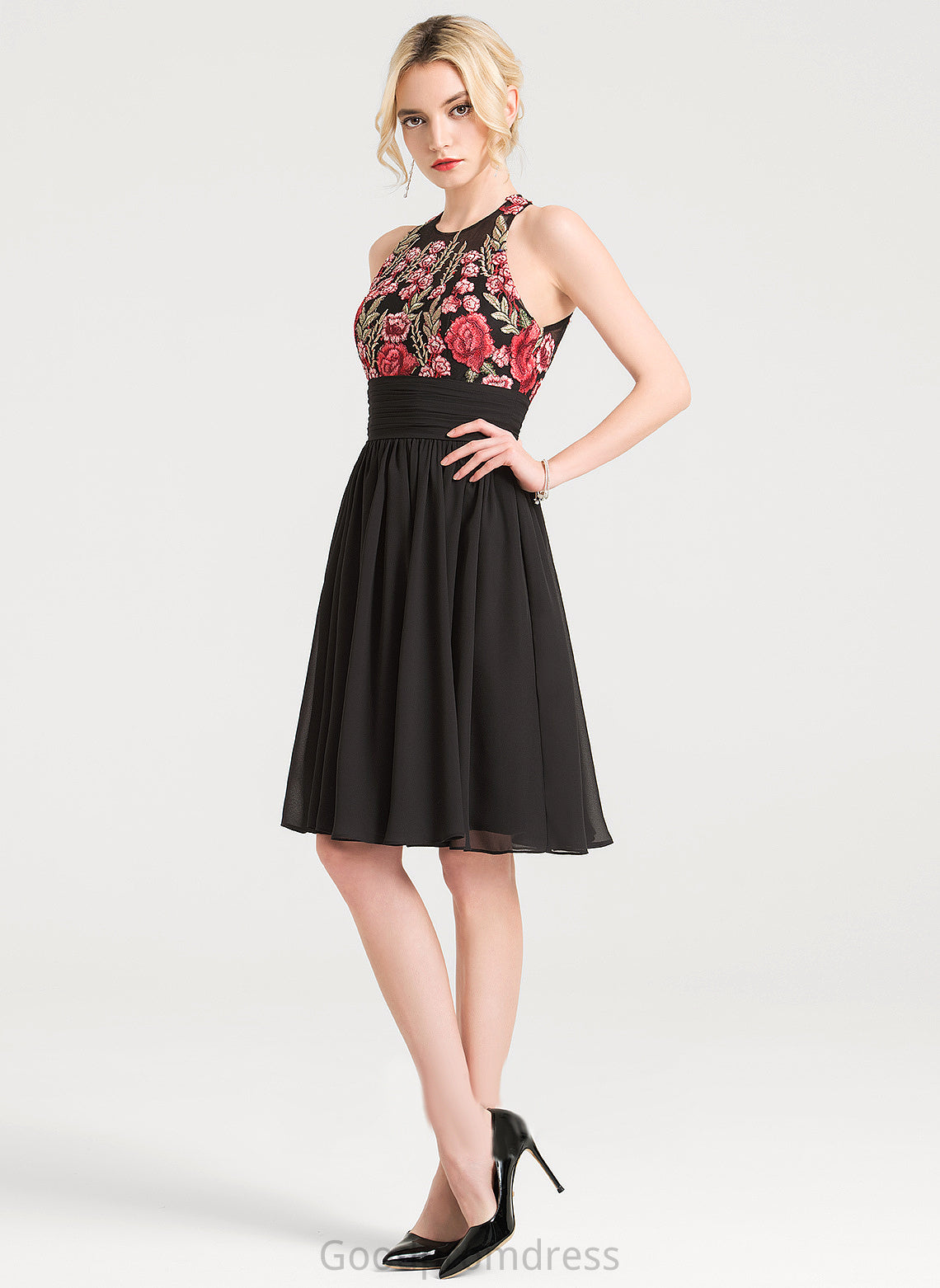 Scoop A-Line Iris Cocktail Dresses With Chiffon Knee-Length Dress Neck Lace Cocktail Appliques