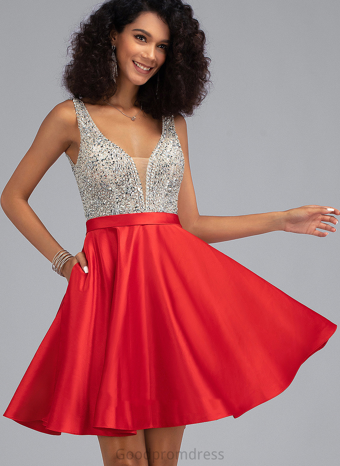 Homecoming Pockets Short/Mini V-neck Kianna Dress Homecoming Dresses With Sequins Beading Satin A-Line