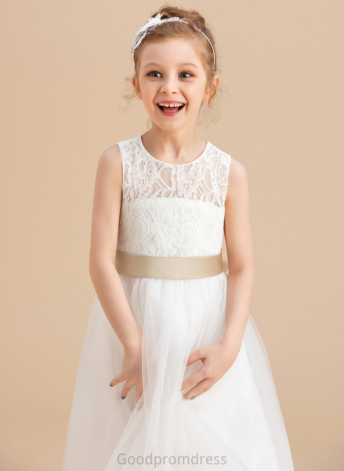 A-Line/Princess Tulle/Lace Scoop Neck Sleeveless Dress Flower Girl Dresses Flower Tea-length Hole Sash/Bow(s)/Back Girl Jenny - With