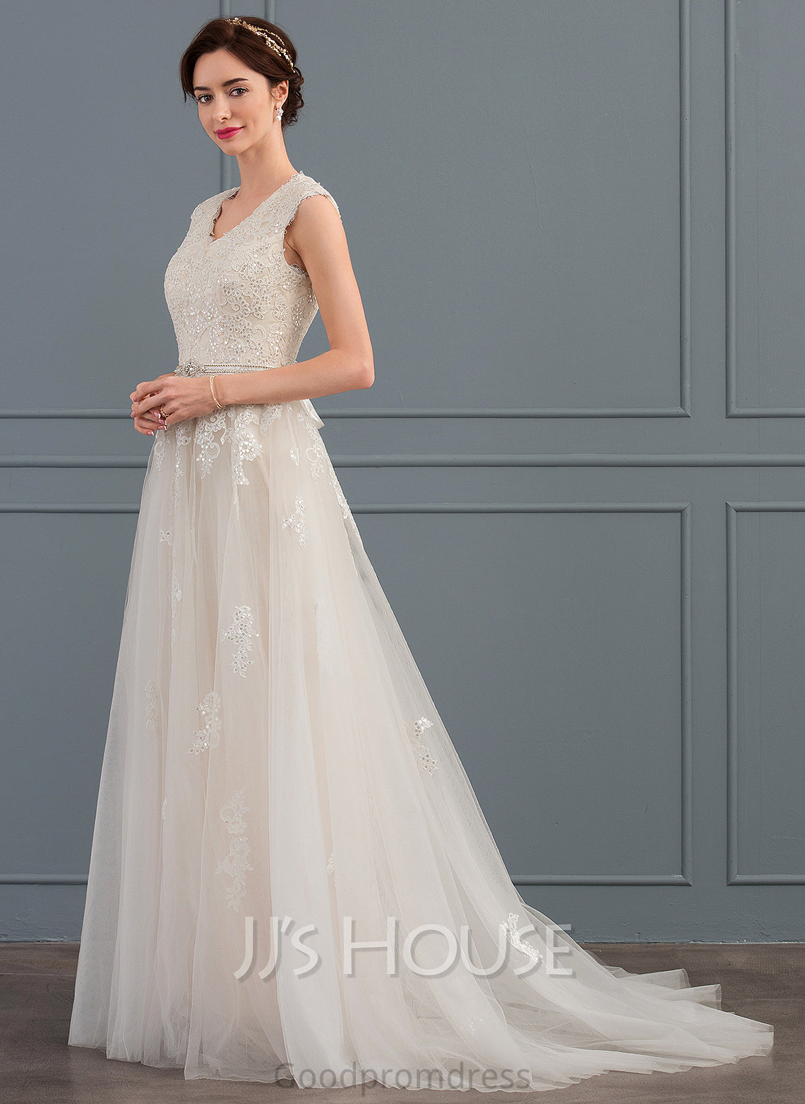 Wedding Sweep Wedding Dresses Kaylie Bow(s) Beading A-Line Tulle V-neck Sequins Dress Train With