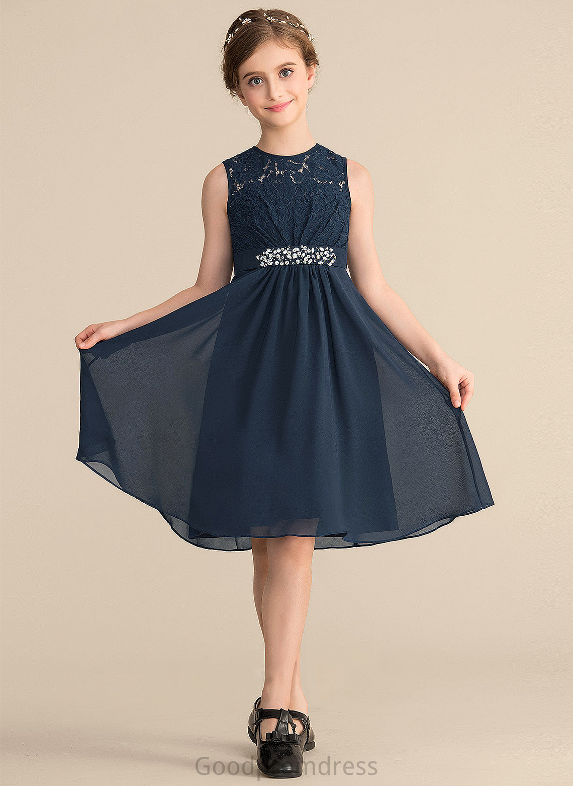 Chiffon With Junior Bridesmaid Dresses Knee-Length Neck Sequins Liz Bow(s) Scoop Beading A-Line Lace