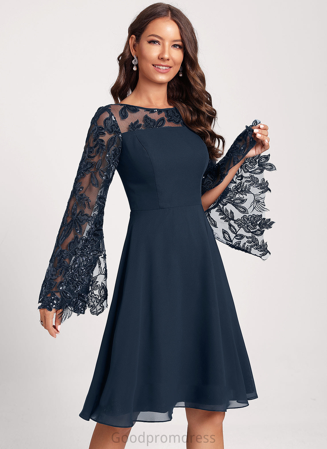 Lace With Cocktail Chiffon Knee-Length A-Line Scarlett Scoop Neck Club Dresses Dress Sequins