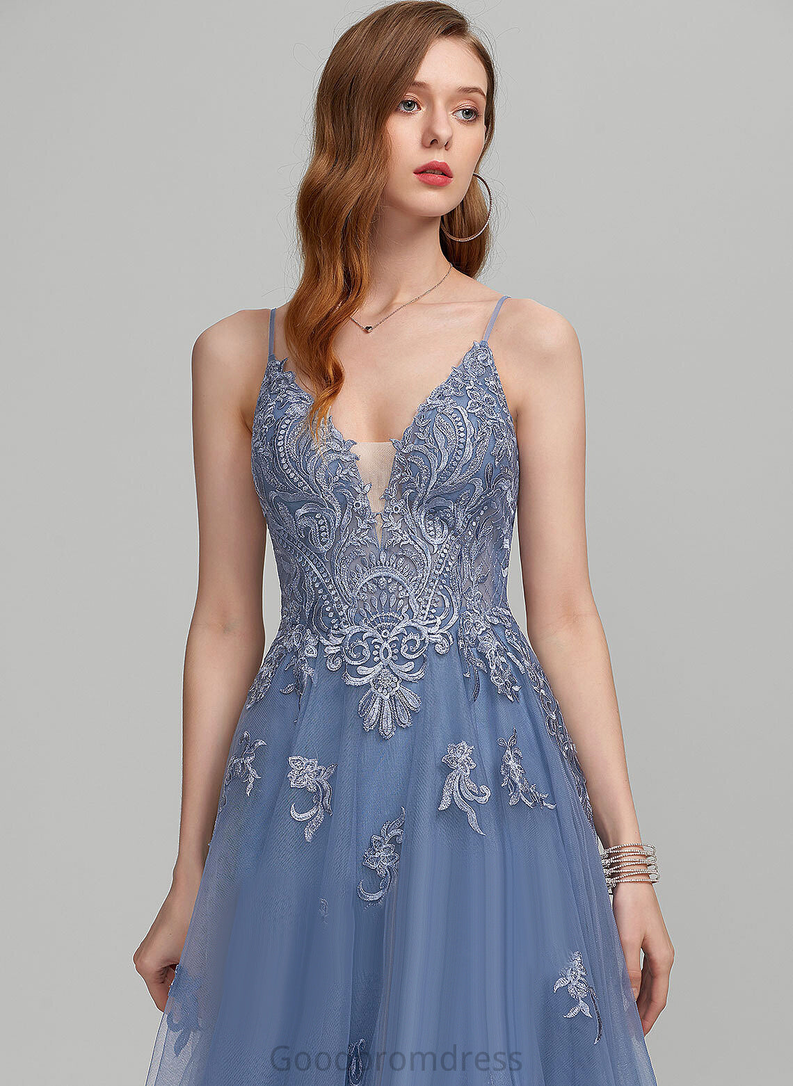 A-Line Prom Dresses Tulle With Adrienne Sequins V-neck Floor-Length Lace