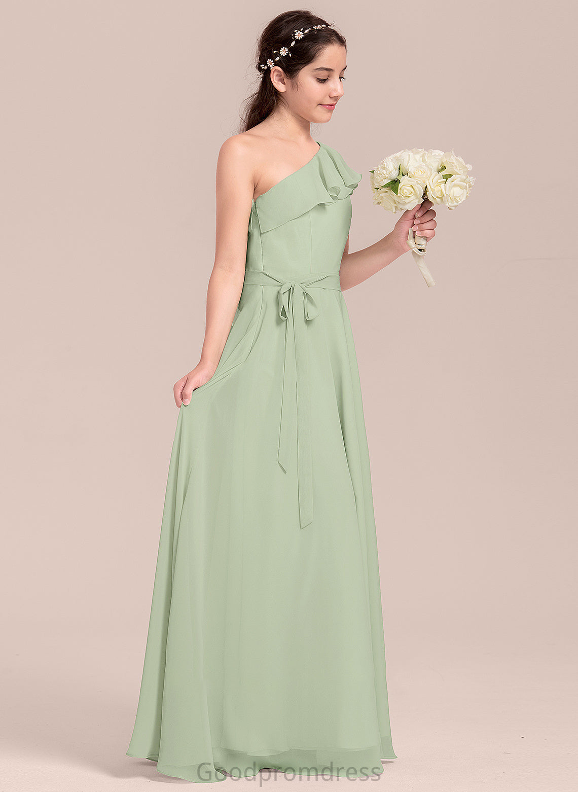 Junior Bridesmaid Dresses Chiffon Cascading One-Shoulder A-Line Floor-Length Camila With Ruffles