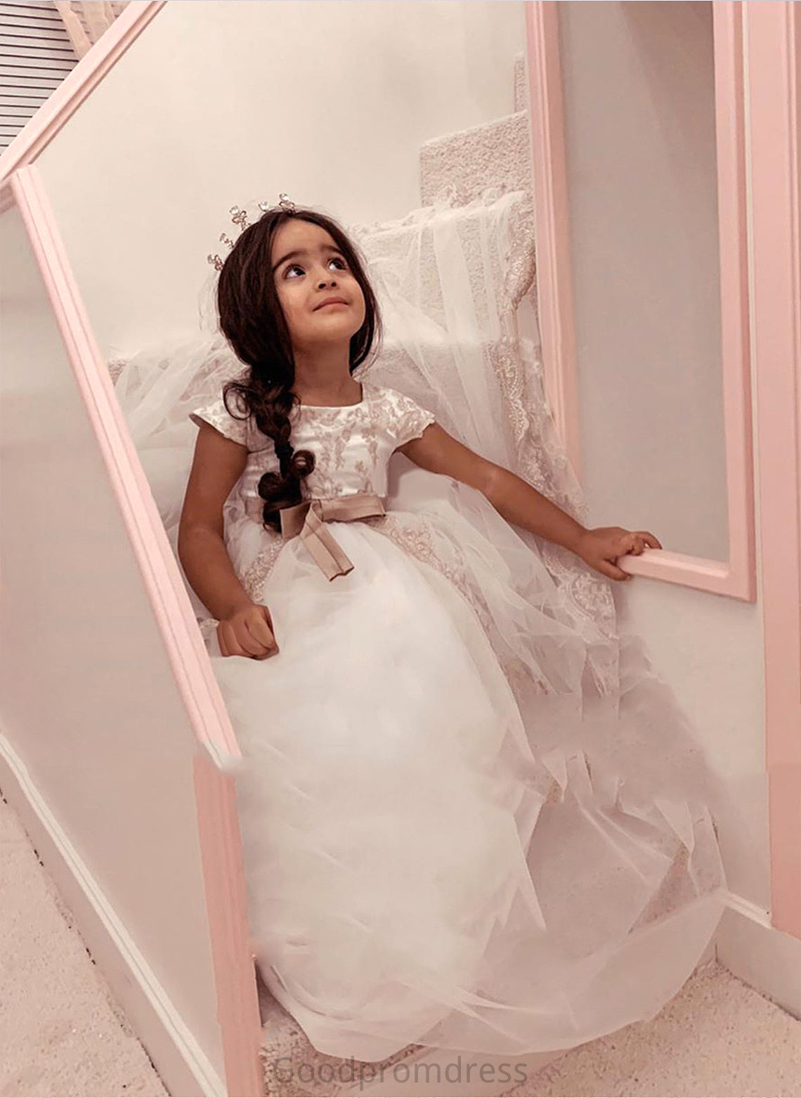 Sleeves Dress Short Abbigail Neck Flower Girl Dresses Court With Girl Train Tulle/Lace Bow(s) Ball-Gown/Princess - Flower Scoop