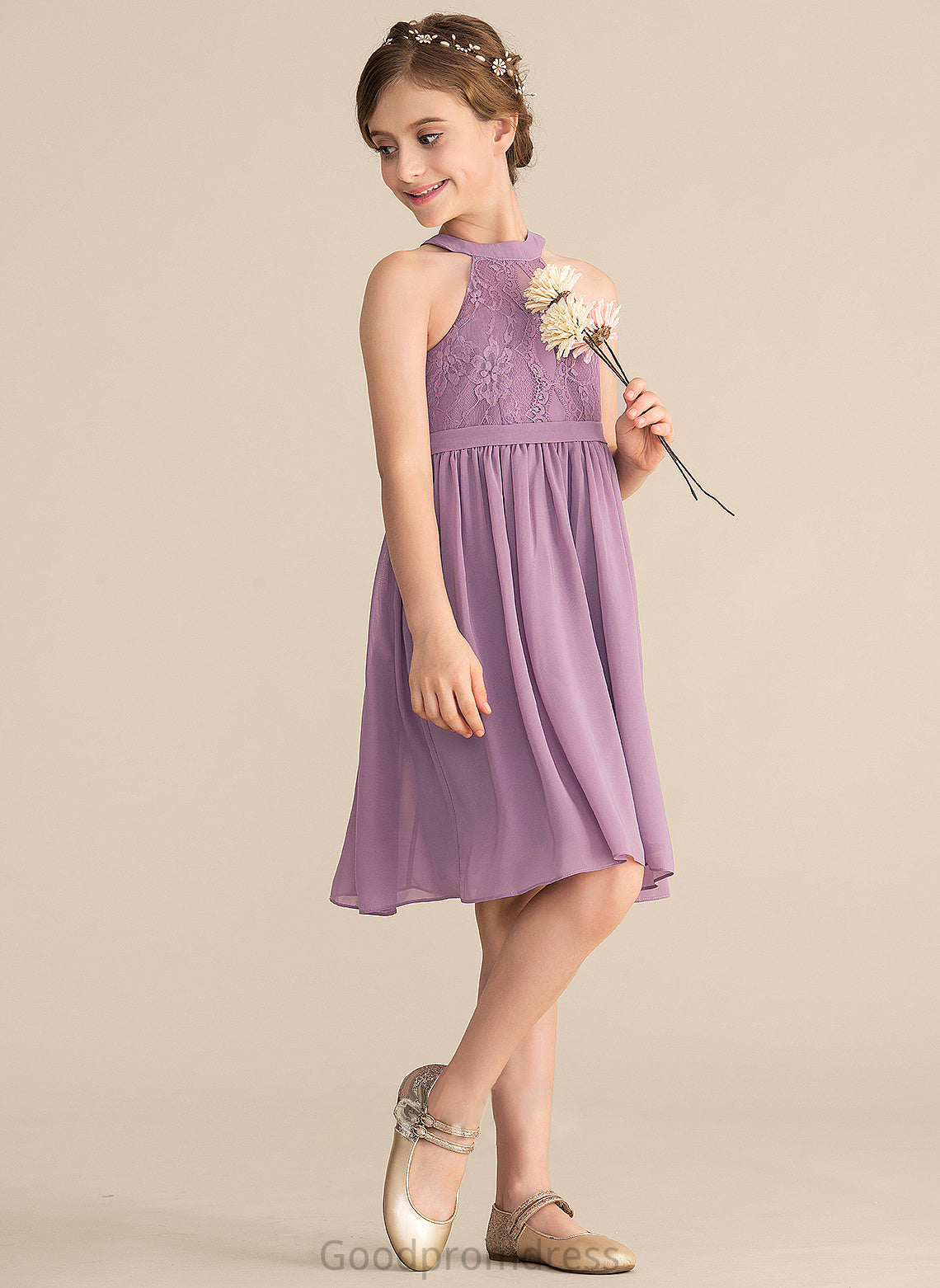 A-Line Neck Junior Bridesmaid Dresses Alondra Scoop Lace Knee-Length Chiffon