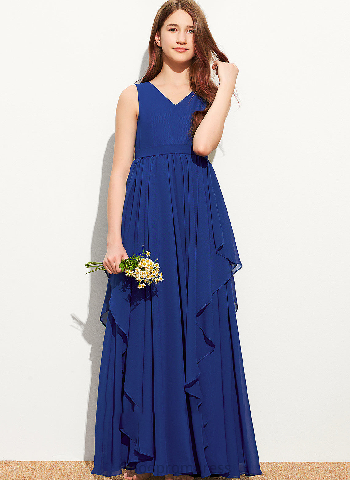 Elyse Junior Bridesmaid Dresses Floor-Length Cascading Ruffles With Chiffon V-neck A-Line