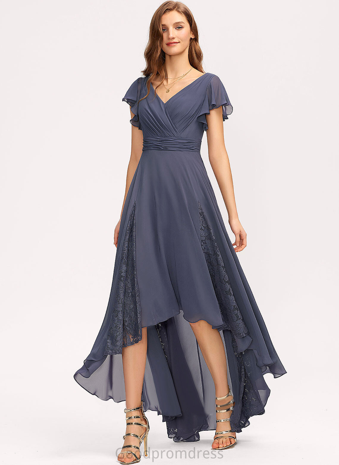 V-neck With Cocktail Asymmetrical Chiffon A-Line Dress Lace Leslie Cocktail Dresses Ruffle