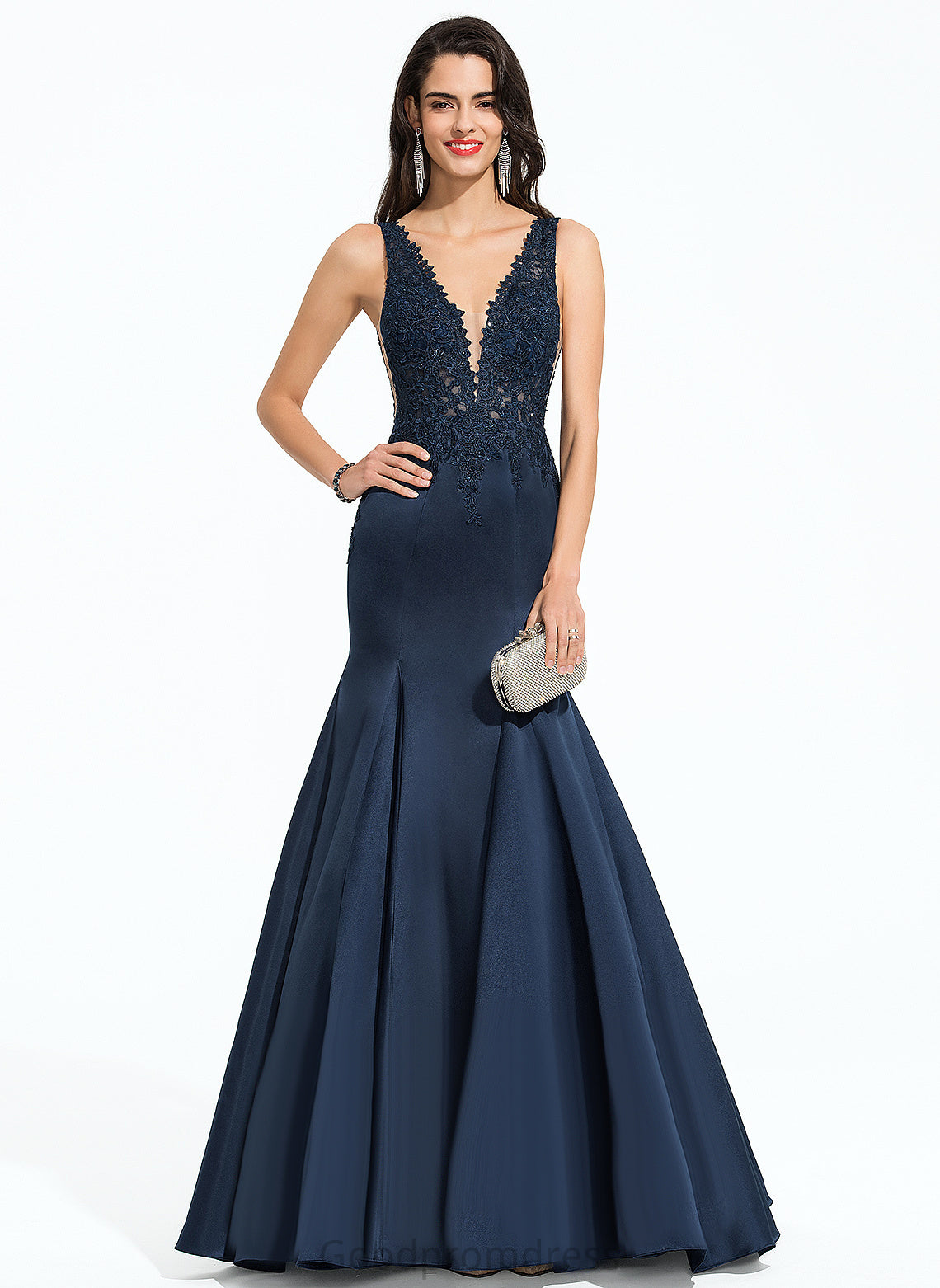 Beading Elliana With Sweep Prom Dresses V-neck Trumpet/Mermaid Lace Satin Train