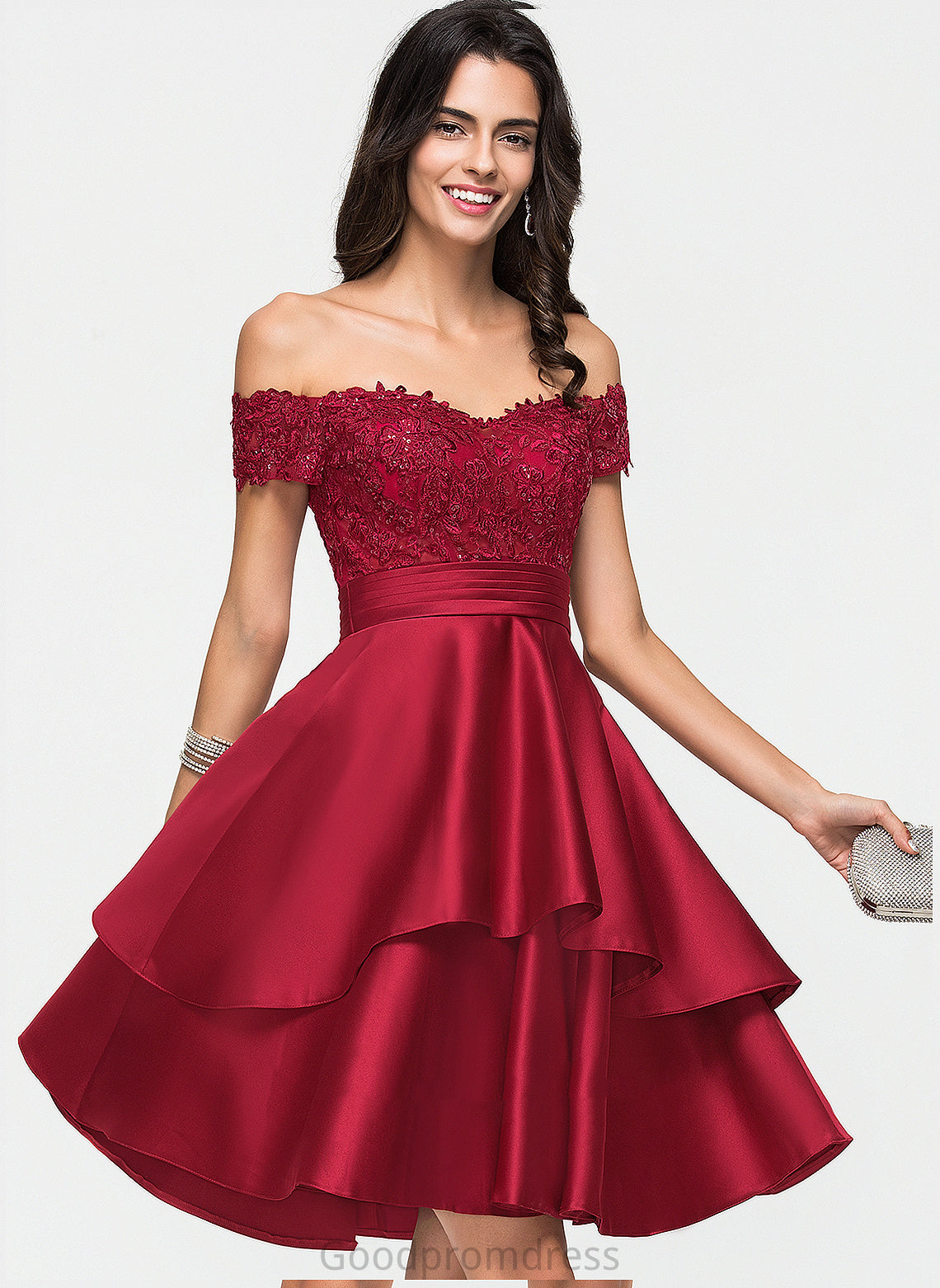 Homecoming Dresses With Satin Lace A-Line Sequins Lorelei Knee-Length Off-the-Shoulder Homecoming Dress