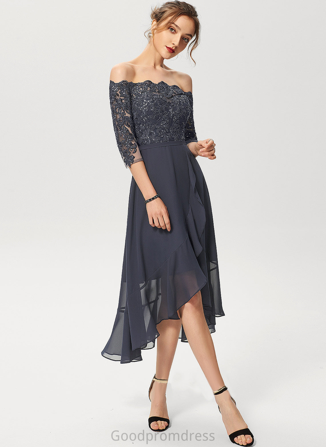 Sequins With Asymmetrical Nathalie Cocktail Dresses Off-the-Shoulder Chiffon A-Line Dress Cocktail Lace