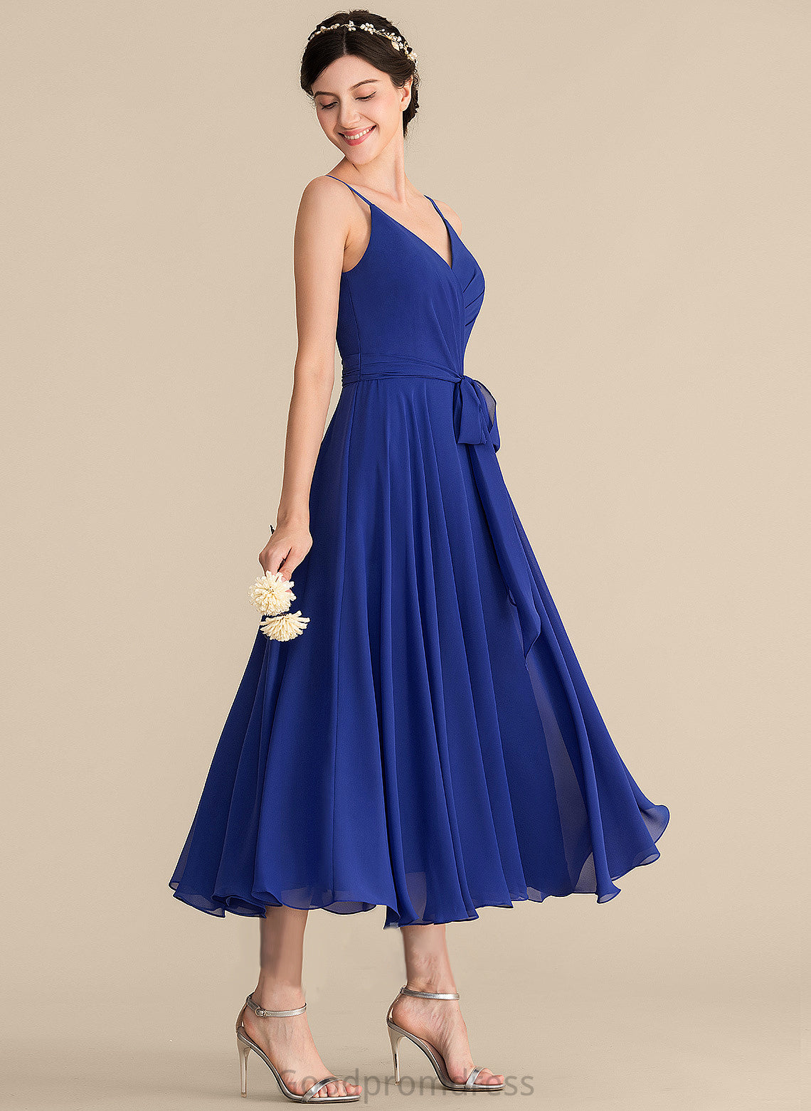 A-Line Embellishment Length Bow(s) Fabric Neckline Silhouette V-neck Tea-Length Ruffle Addyson Natural Waist Bridesmaid Dresses