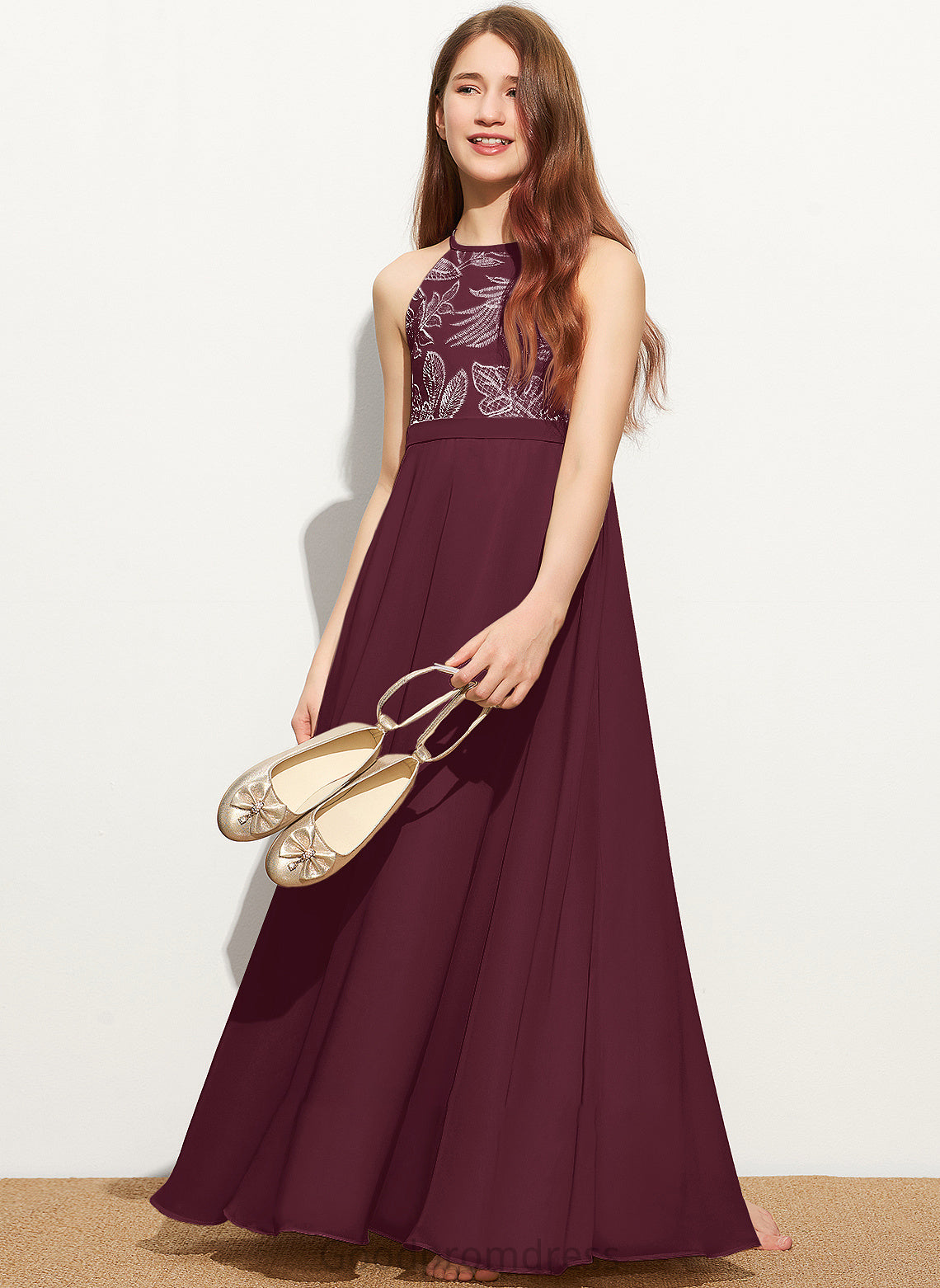 With Chiffon Lace Junior Bridesmaid Dresses A-Line Bow(s) Maeve Floor-Length Neck Scoop