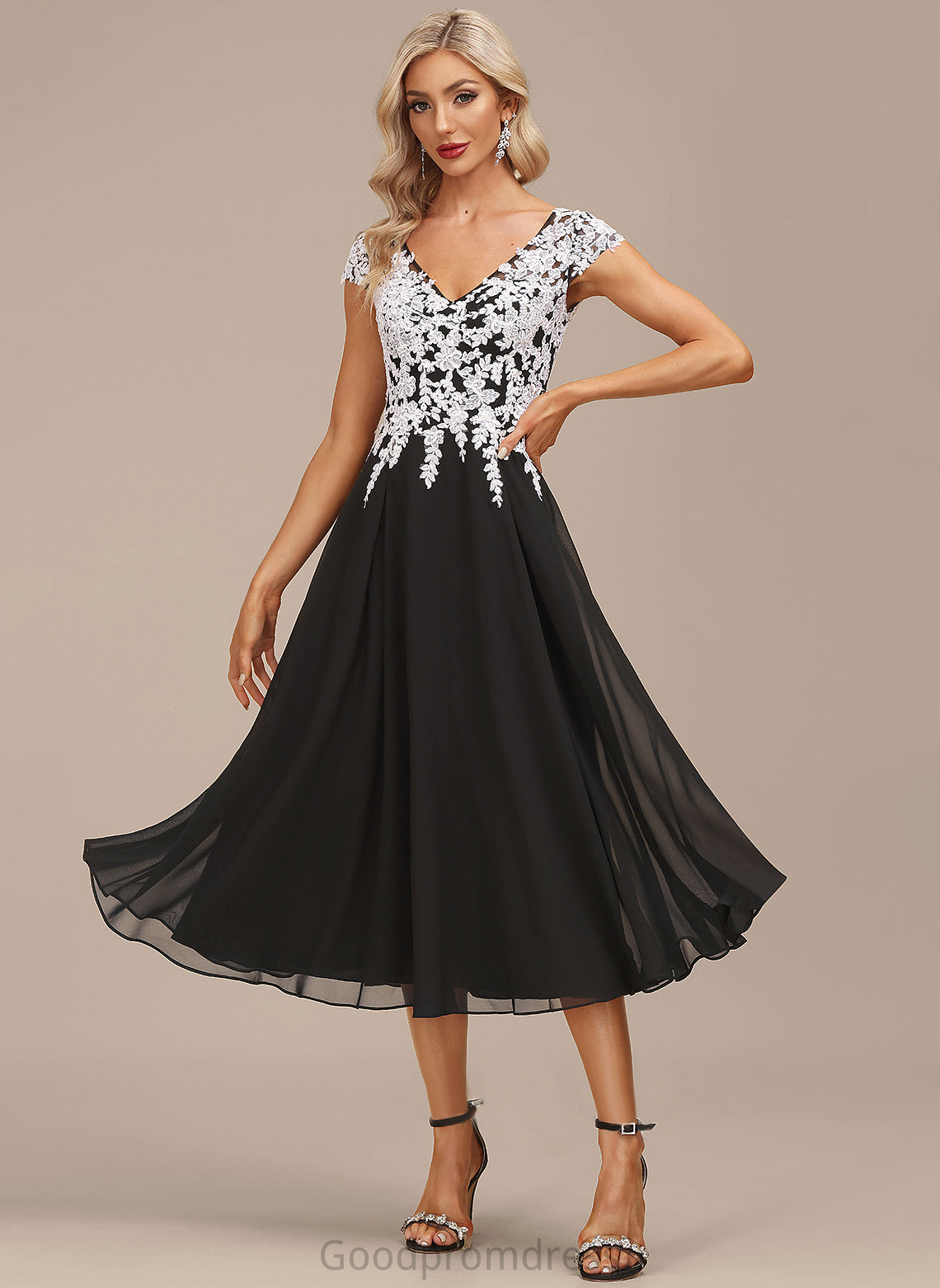 Serena A-Line Lace Dress Chiffon V-neck Cocktail Dresses Tea-Length Cocktail