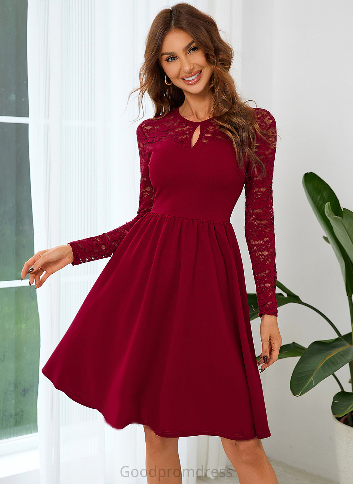 Neck Round Dresses Lucinda A-line Lace Sleeves Club Dresses Blends Long Cotton Mini Elegant