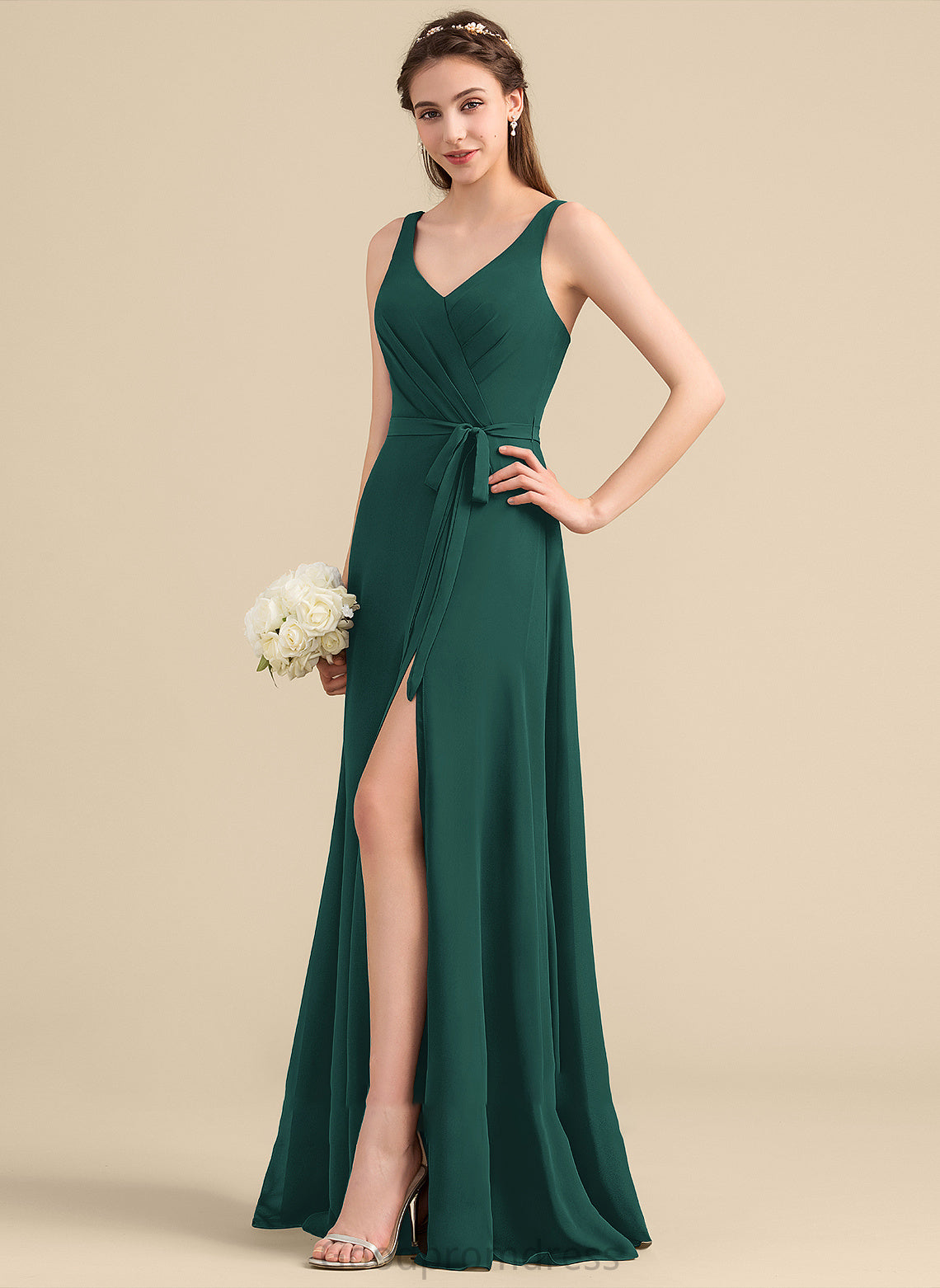 Fabric Bow(s) V-neck Floor-Length A-Line SplitFront Neckline Length Embellishment Silhouette Ruffle Luciana Bridesmaid Dresses