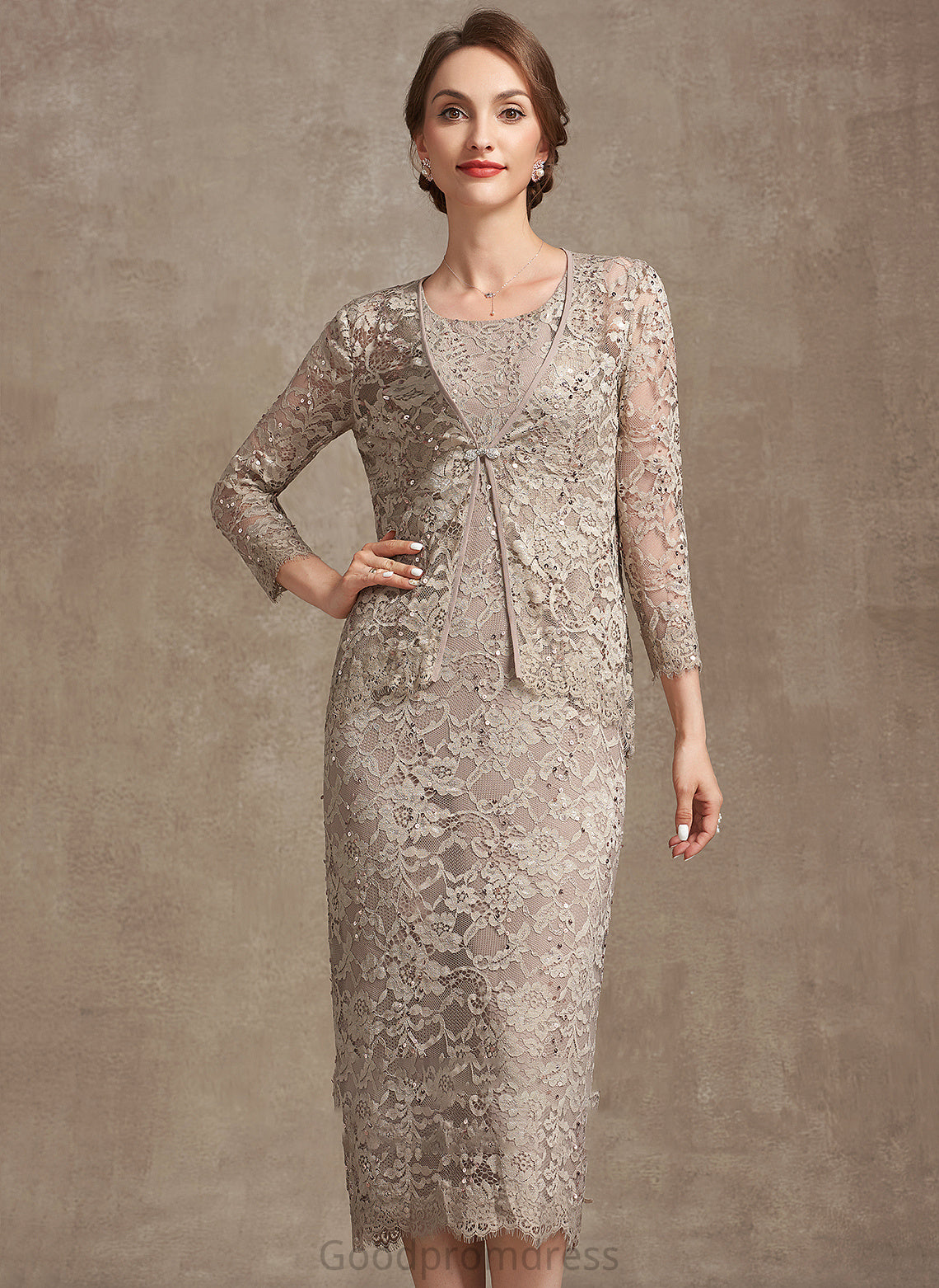 Tea-Length Mother the Dress of With Bride Lace Mother of the Bride Dresses Sequins Sloane Scoop Sheath/Column Neck