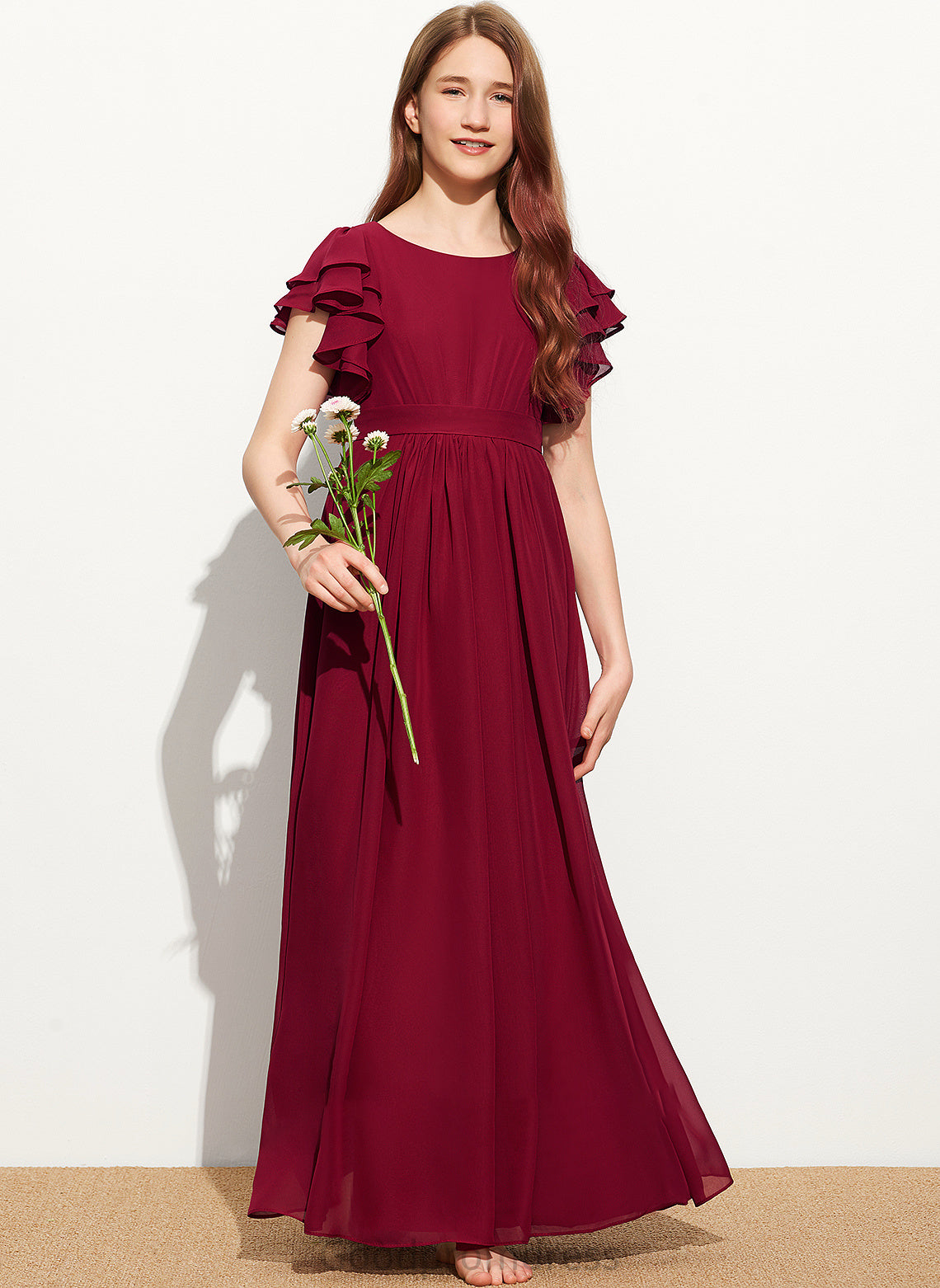 A-Line Cascading Neck Harley Scoop Junior Bridesmaid Dresses Floor-Length Chiffon Ruffles With