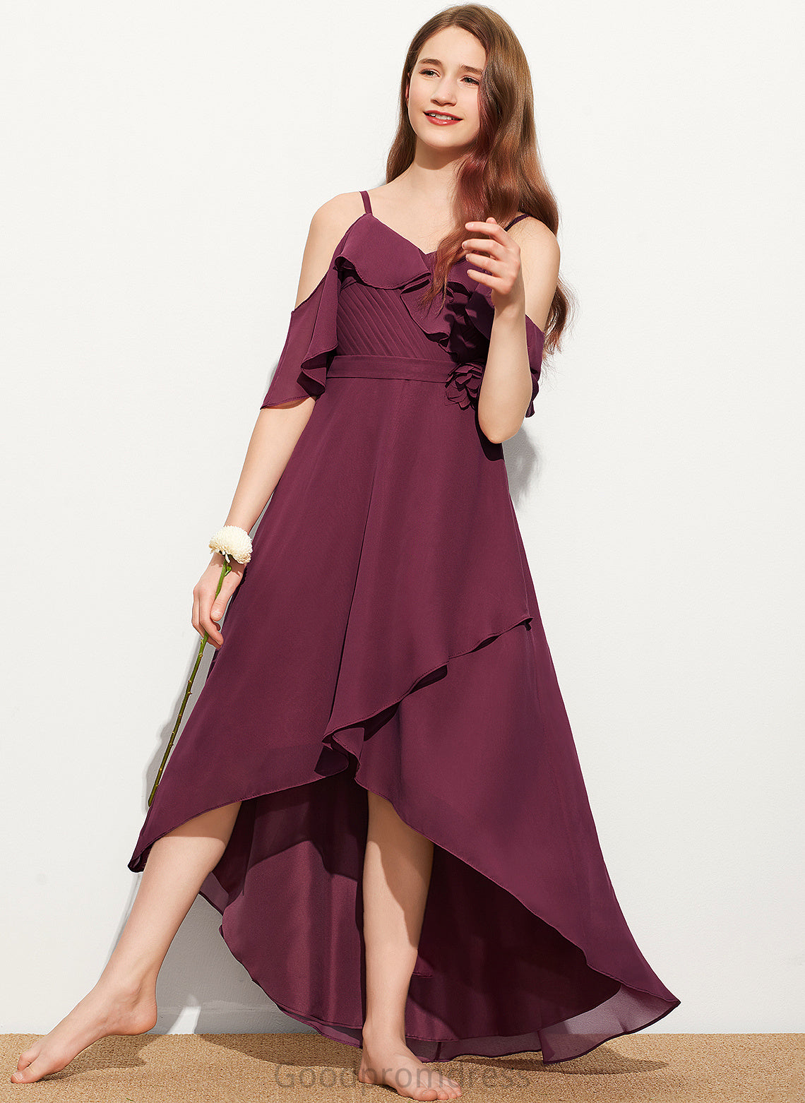 With Off-the-Shoulder Junior Bridesmaid Dresses Cascading Chiffon Kaylen Asymmetrical Ruffles A-Line