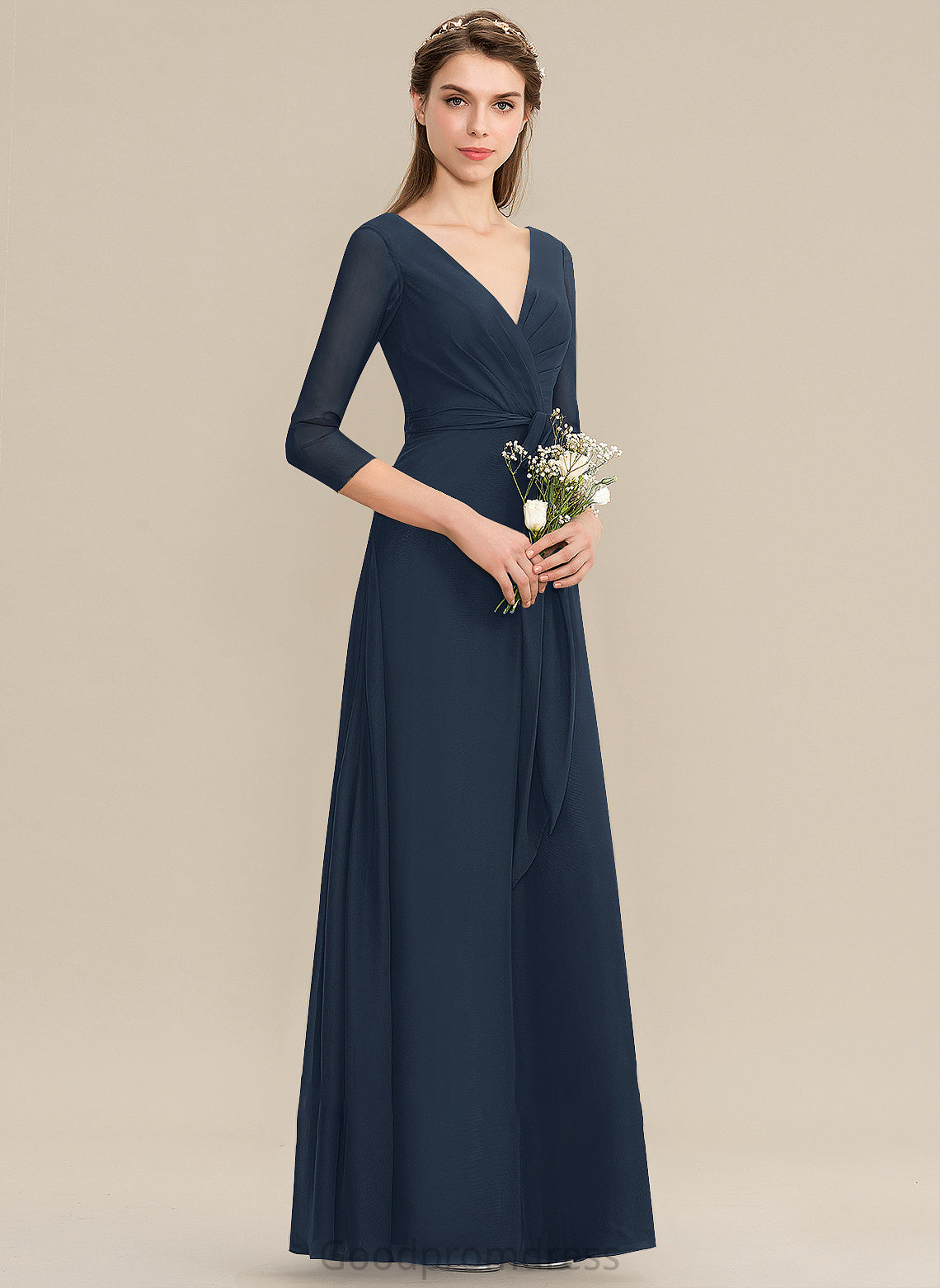 Bow(s) Floor-Length Ruffle V-neck Silhouette A-Line Neckline Fabric Length Embellishment Linda A-Line/Princess Bridesmaid Dresses