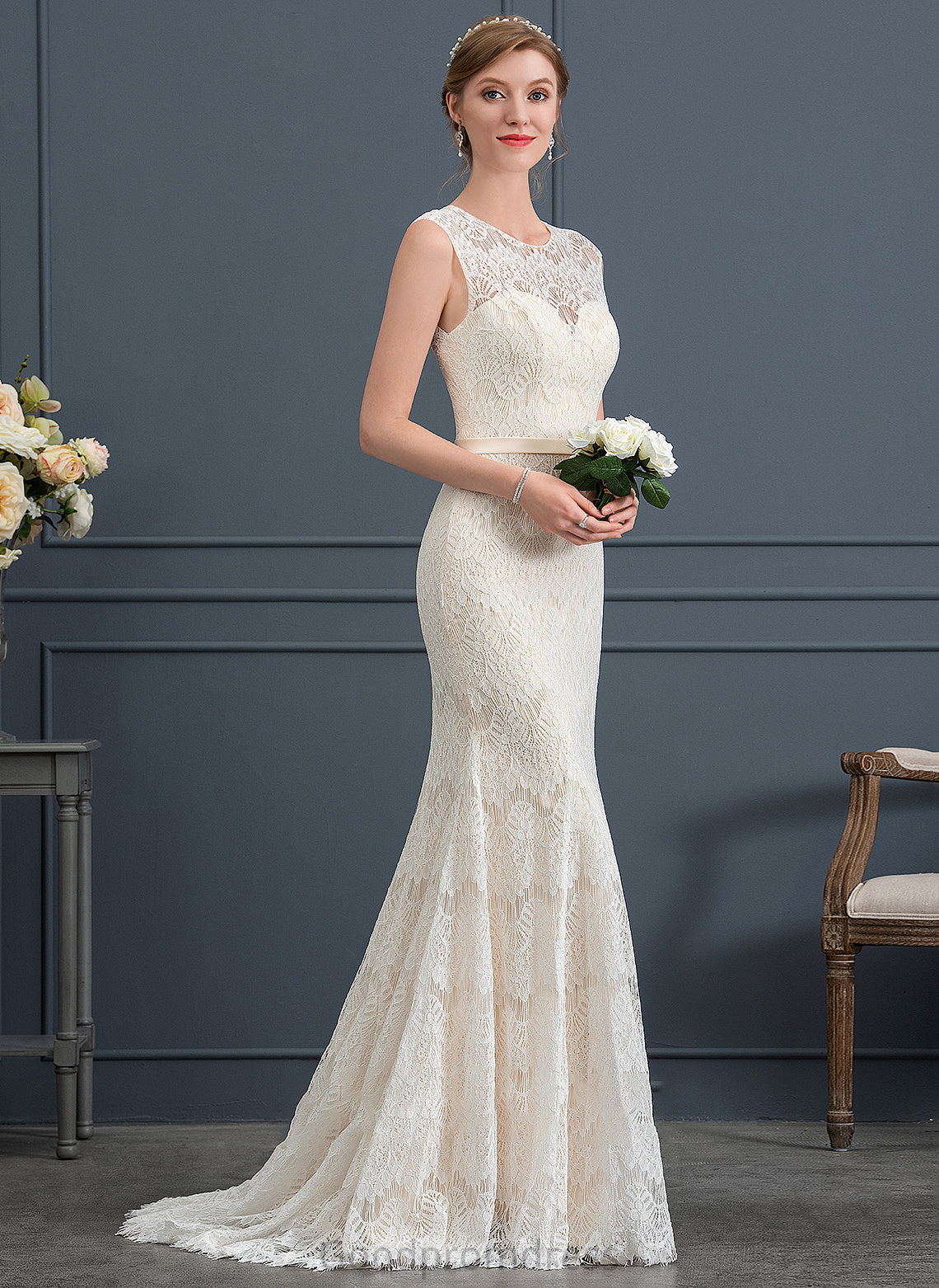 Lace Train Lilyana Neck Wedding Scoop Trumpet/Mermaid Dress Wedding Dresses Sweep