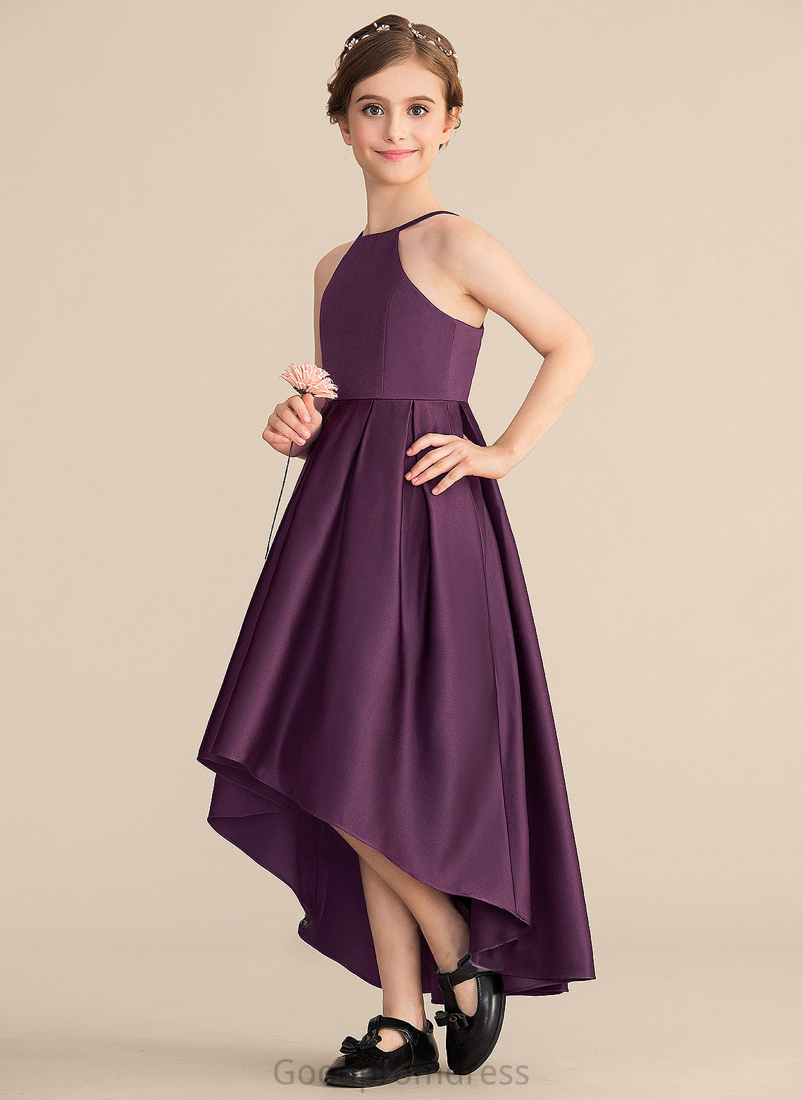 With Neck Scoop A-Line Satin Junior Bridesmaid Dresses Asymmetrical Ruffle Lillianna