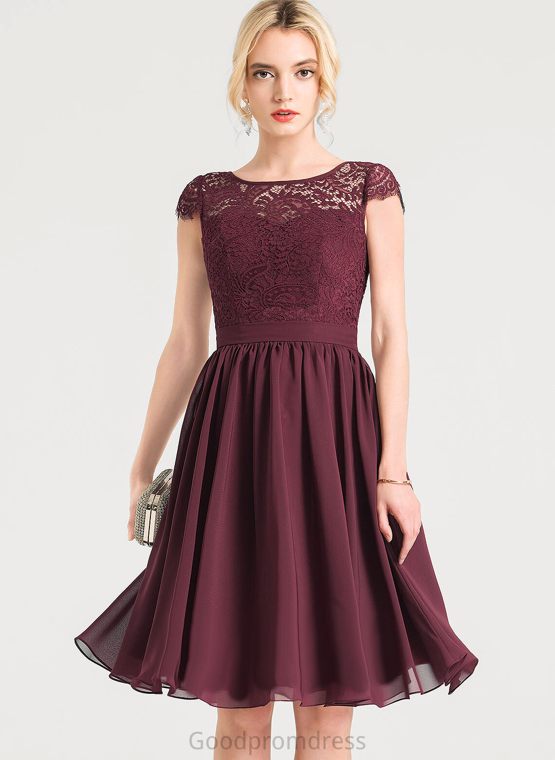 Danna Cocktail Dress Chiffon Neck Cocktail Dresses Knee-Length A-Line Lace Scoop