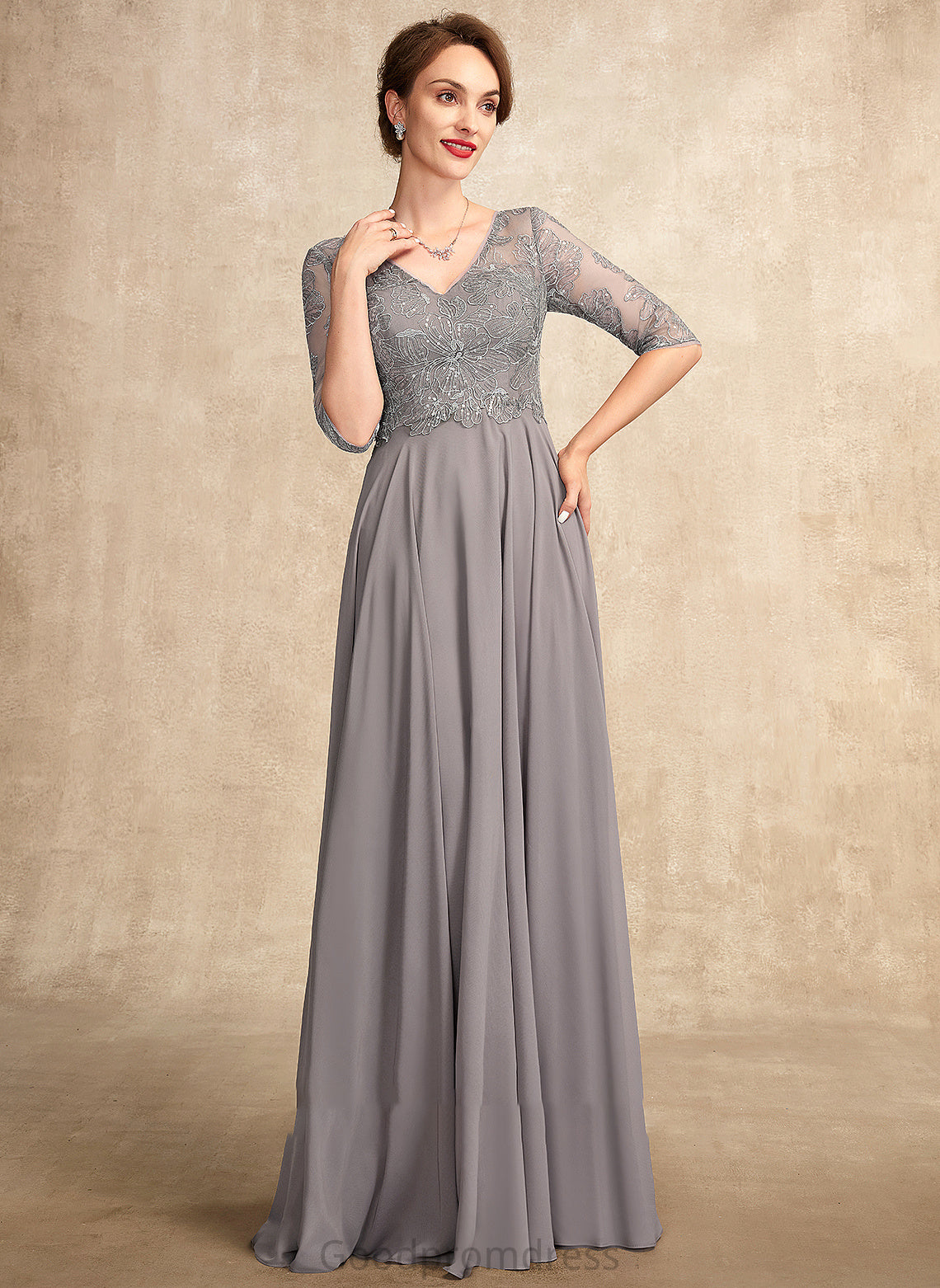 Lace Gloria Chiffon V-neck Bride of With Mother of the Bride Dresses Sequins the A-Line Floor-Length Dress Mother