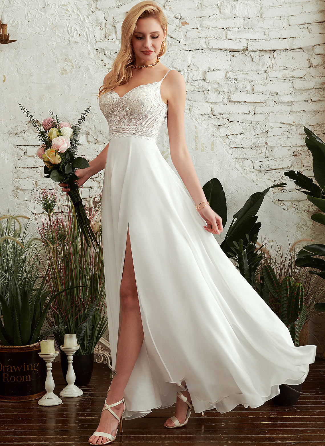 Split A-Line Front With Dress Wedding Dresses V-neck Wedding Louisa Floor-Length