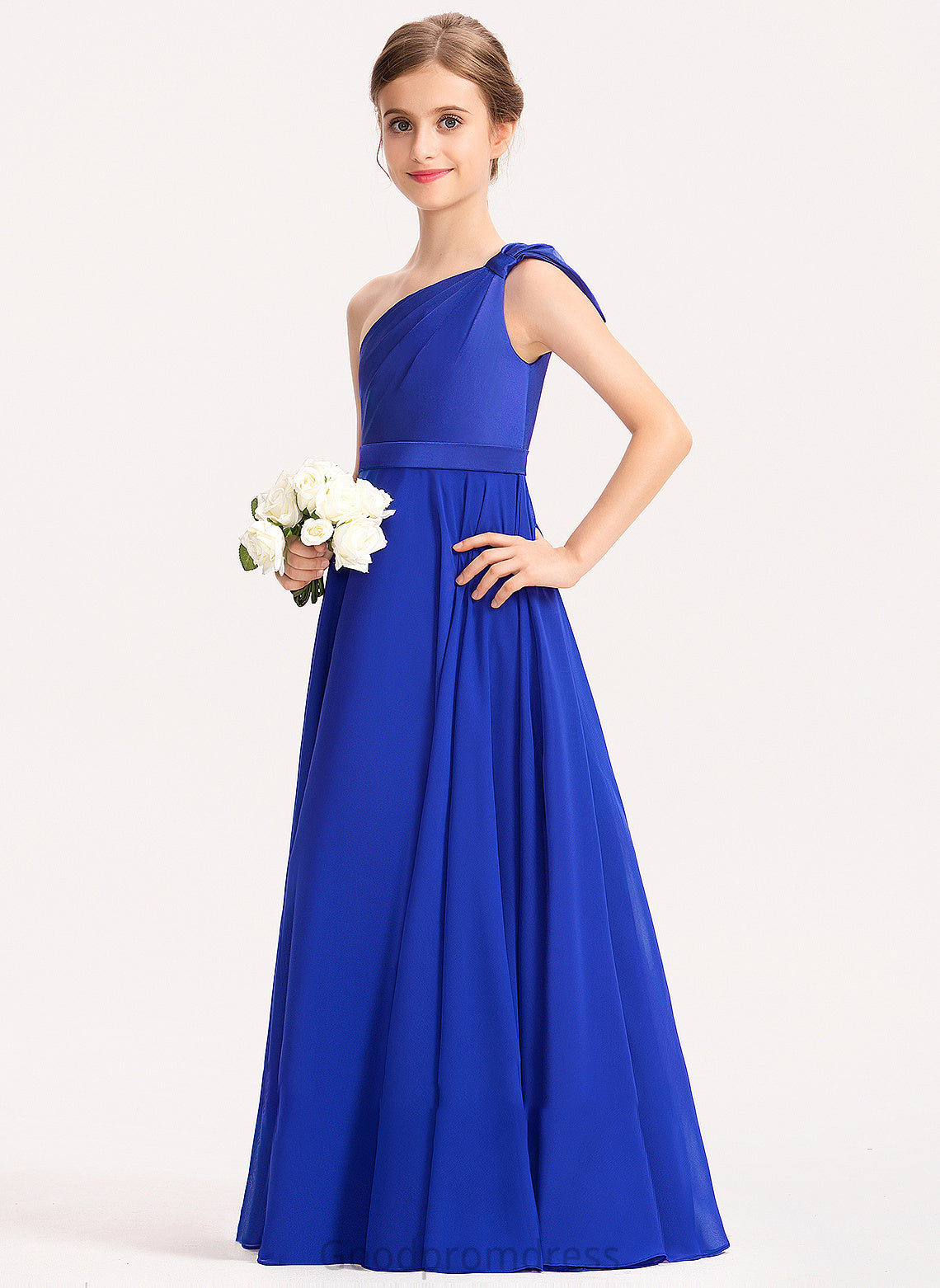 Junior Bridesmaid Dresses Floor-Length With Kennedy Charmeuse Ruffle One-Shoulder A-Line Chiffon