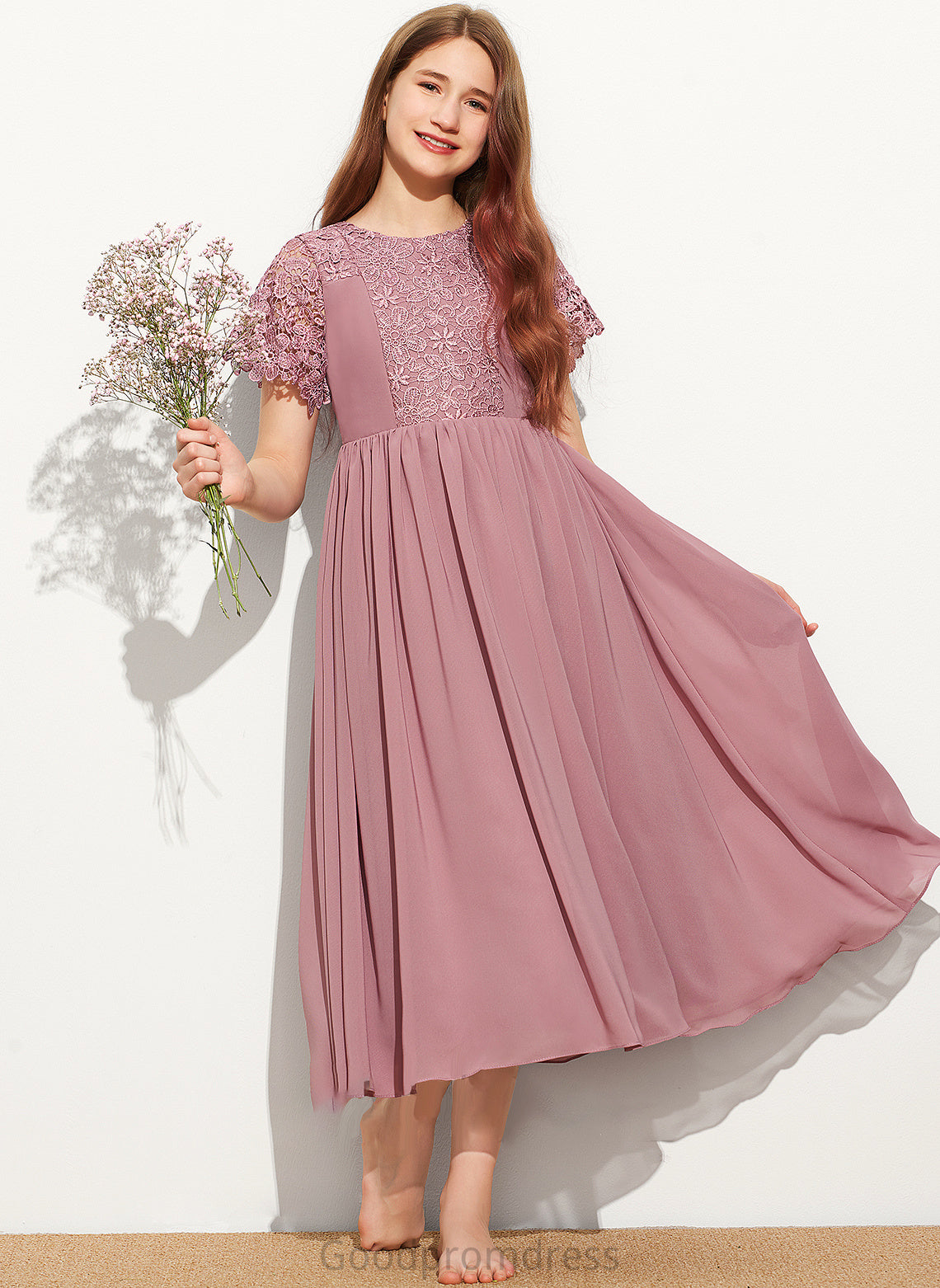 Junior Bridesmaid Dresses A-Line Maryjane Tea-Length Scoop Neck Chiffon Lace