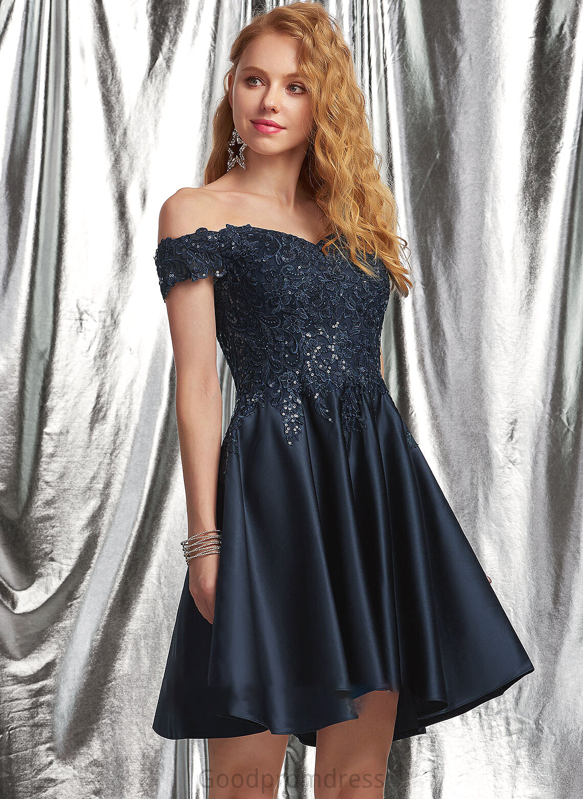 Lace With Prom Dresses Raegan Satin Sequins A-Line Short/Mini Off-the-Shoulder