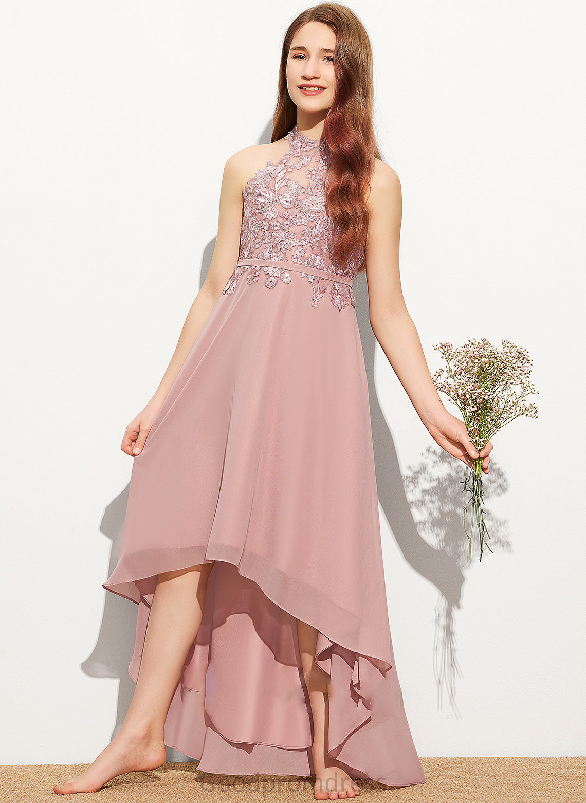 Courtney Lace Junior Bridesmaid Dresses Scoop A-Line Chiffon Asymmetrical Neck