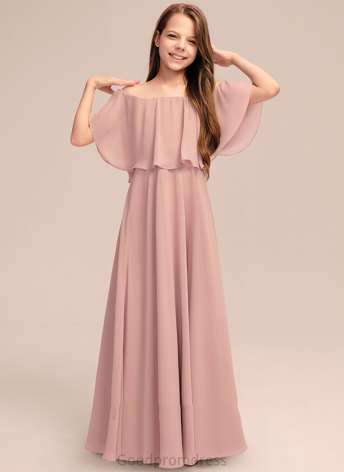 Off-the-Shoulder Chiffon Floor-Length With Junior Bridesmaid Dresses Alexus Ruffle A-Line