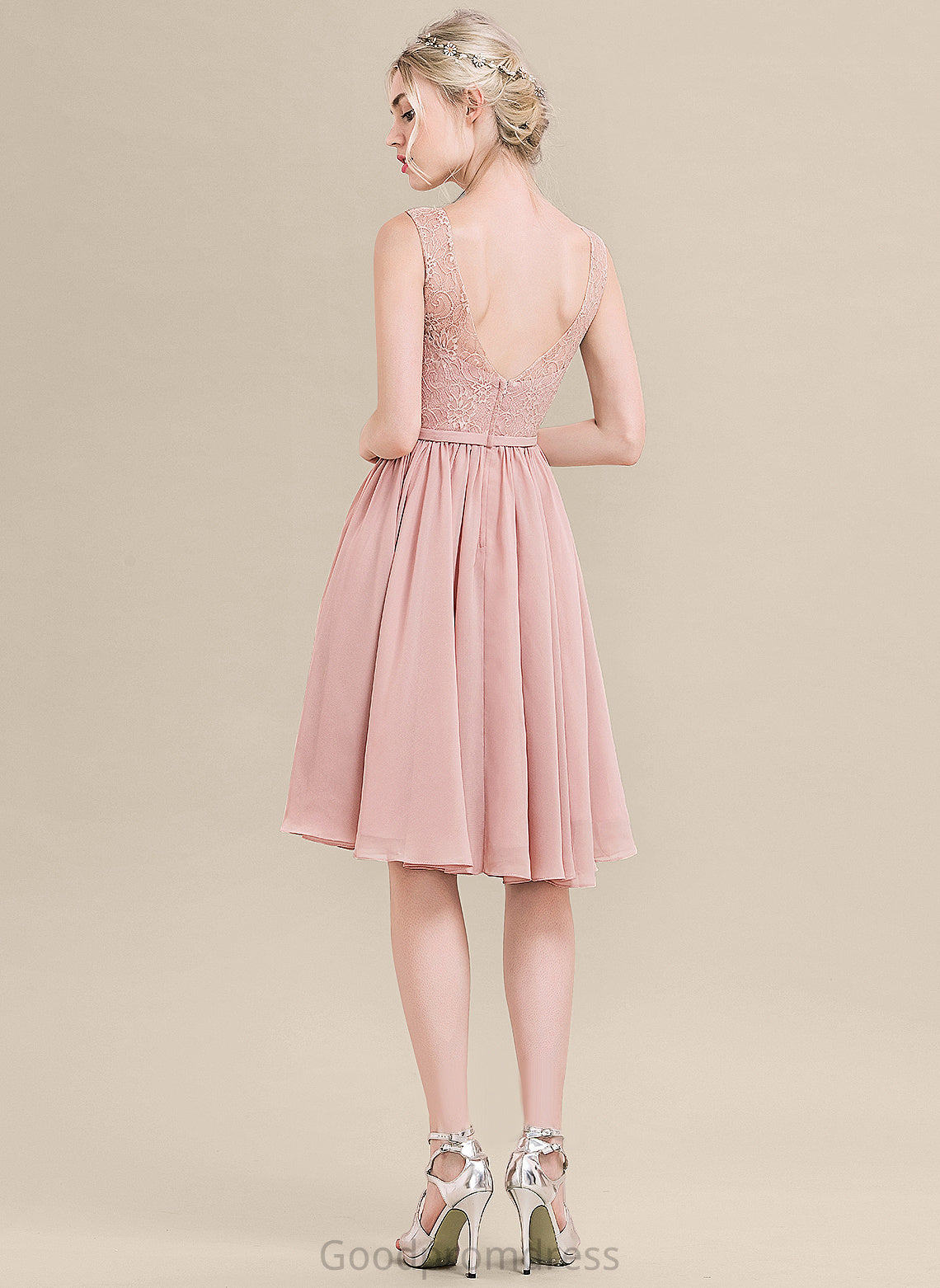 Chiffon Jillian Cocktail V-neck A-Line With Knee-Length Cocktail Dresses Lace Bow(s) Dress Lace