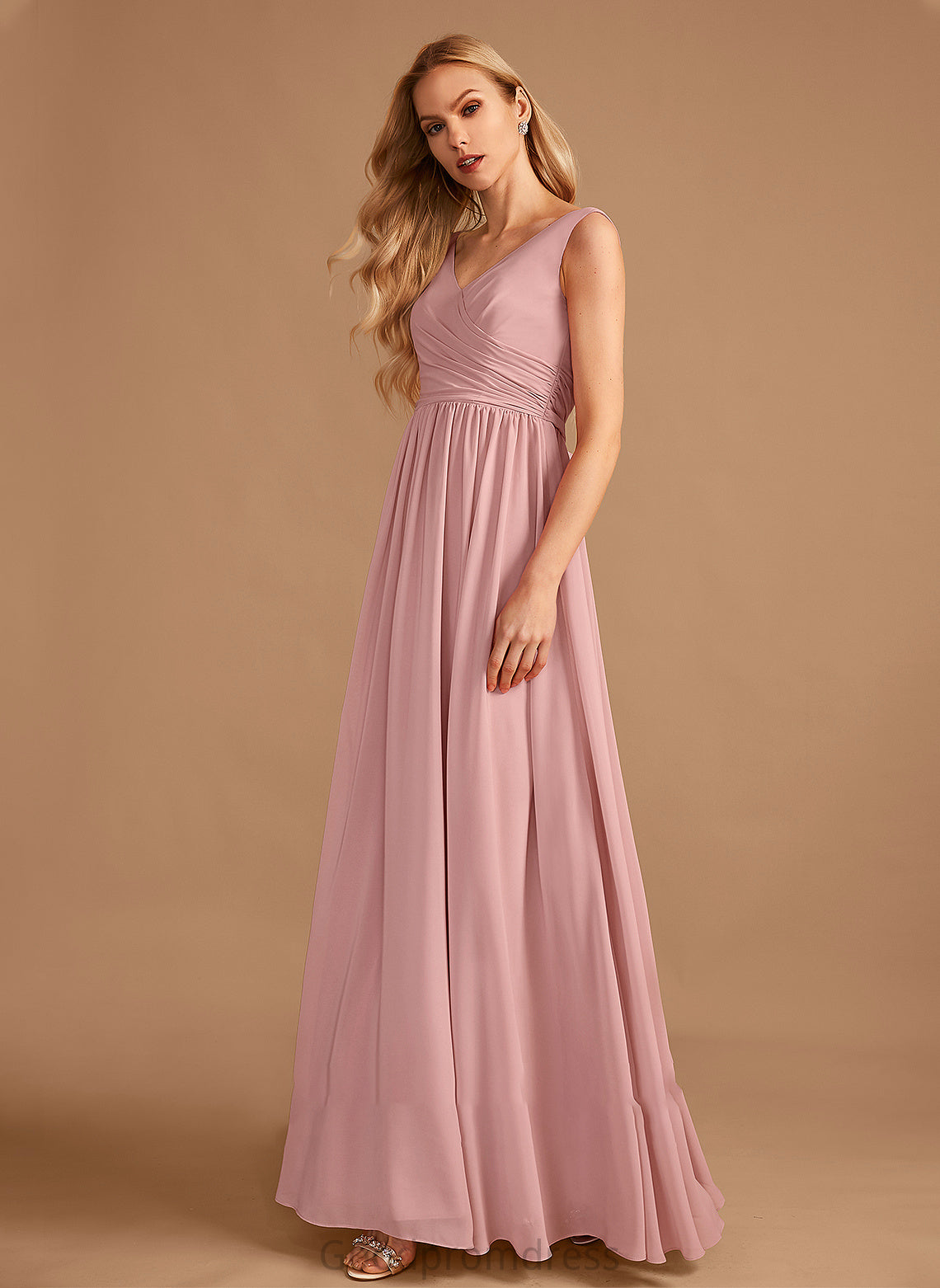 Floor-Length Ruffle Neckline Bow(s) Silhouette A-Line Fabric Length V-neck Embellishment Jordin Sleeveless Bridesmaid Dresses