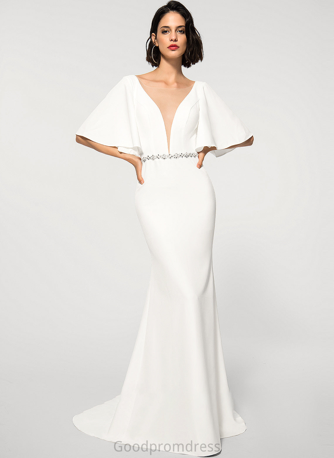 Charlie Wedding Beading Stretch Sweep Crepe Wedding Dresses Trumpet/Mermaid Dress With Train V-neck