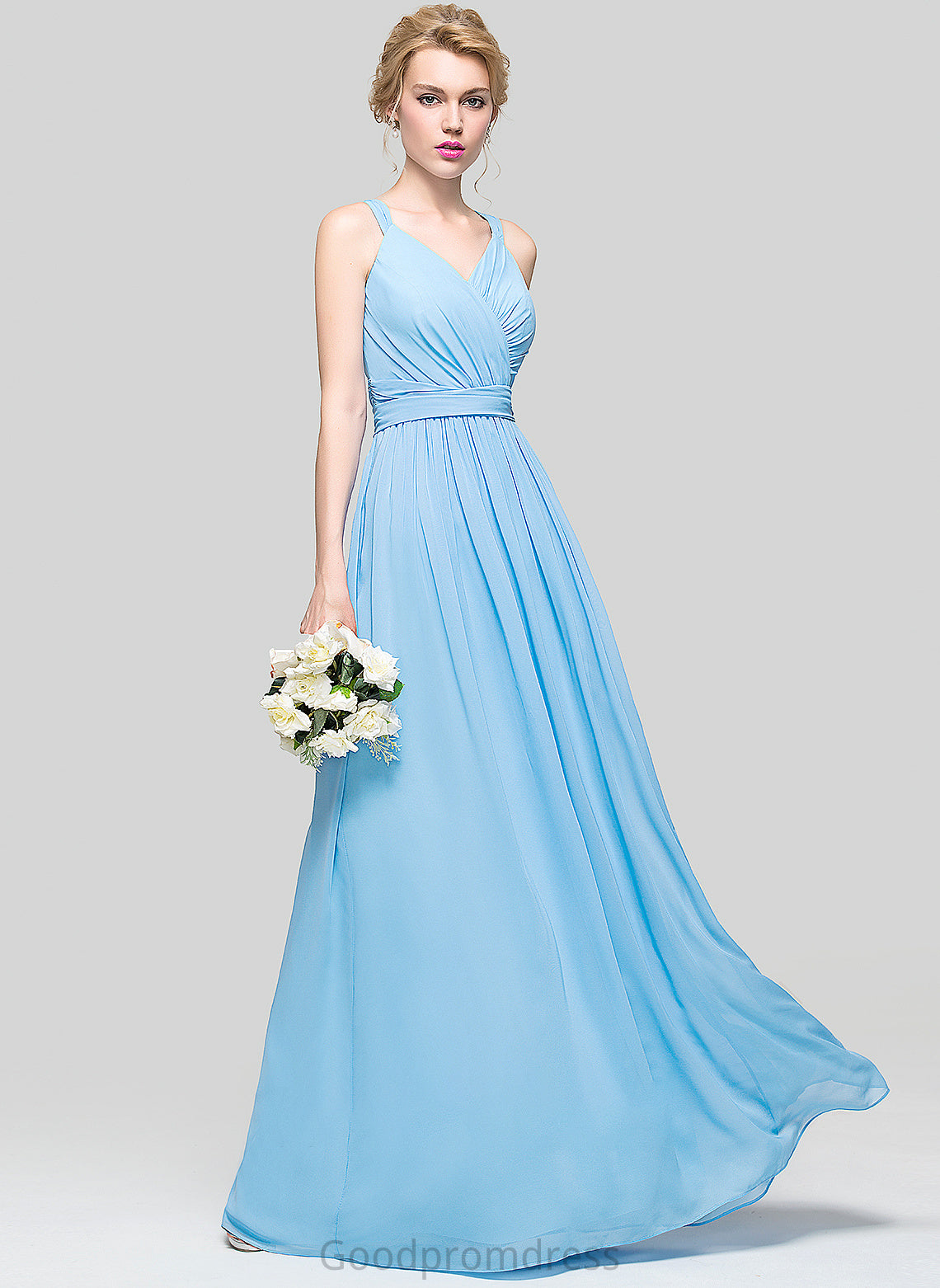 Floor-Length Neckline Length Bow(s) A-Line Fabric V-neck Ruffle Embellishment Silhouette Emily Floor Length Bridesmaid Dresses