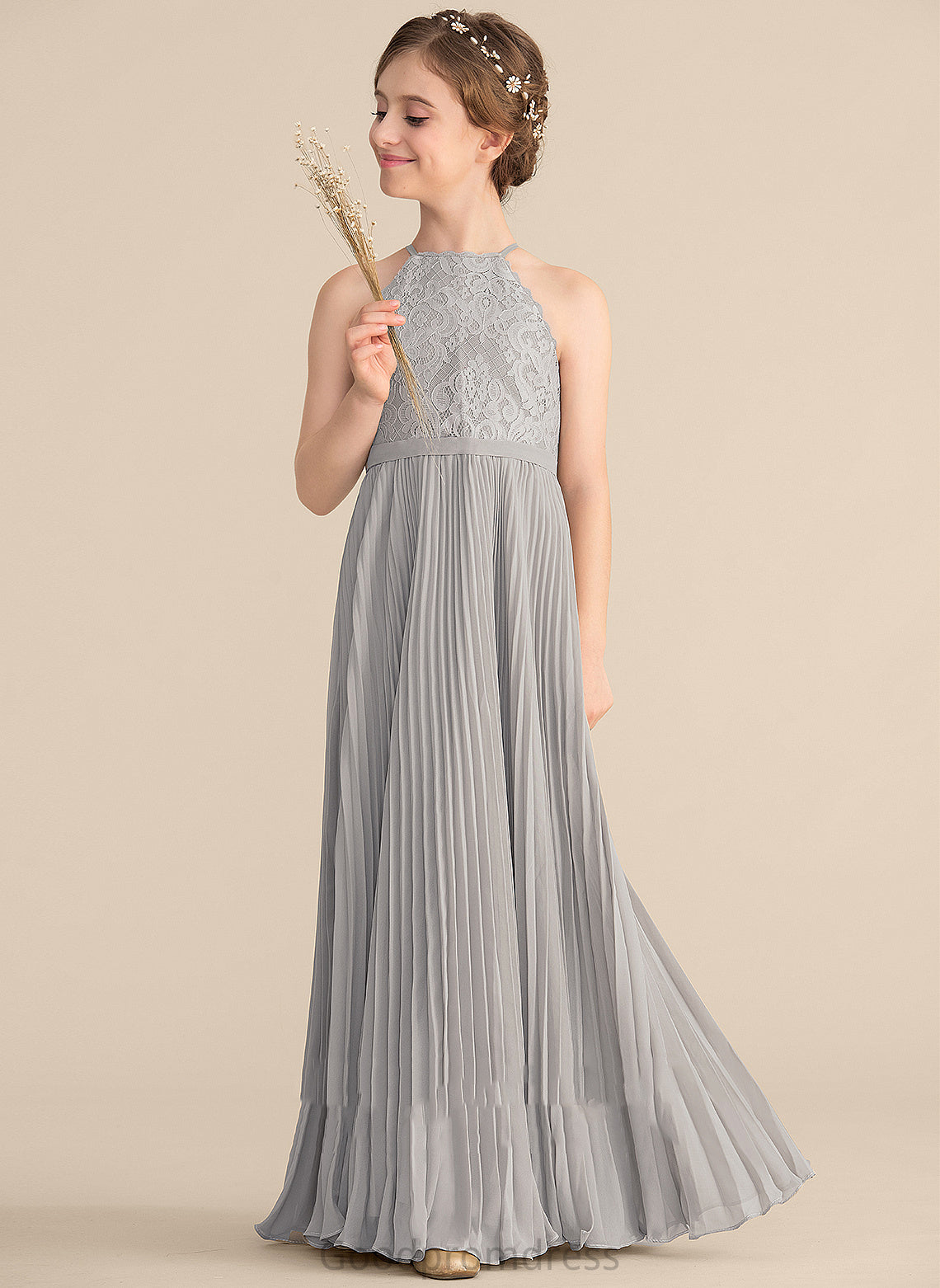 Lace Pleated Neck Delilah Chiffon Junior Bridesmaid Dresses Scoop A-Line With Floor-Length