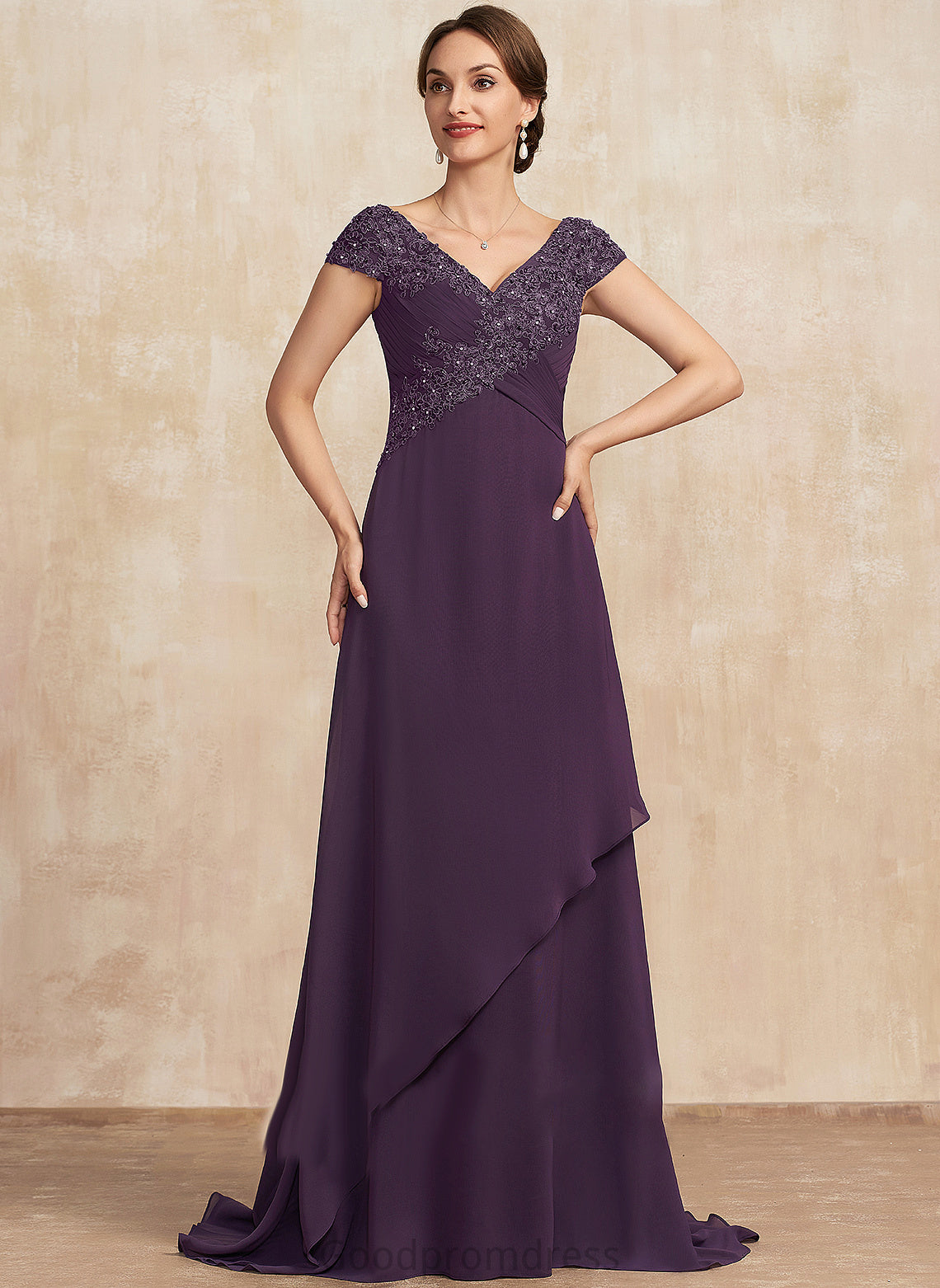 With Sweep Bride Mother of the Bride Dresses Ruffle of Dress V-neck Mother the Train Elle Lace A-Line Beading Chiffon