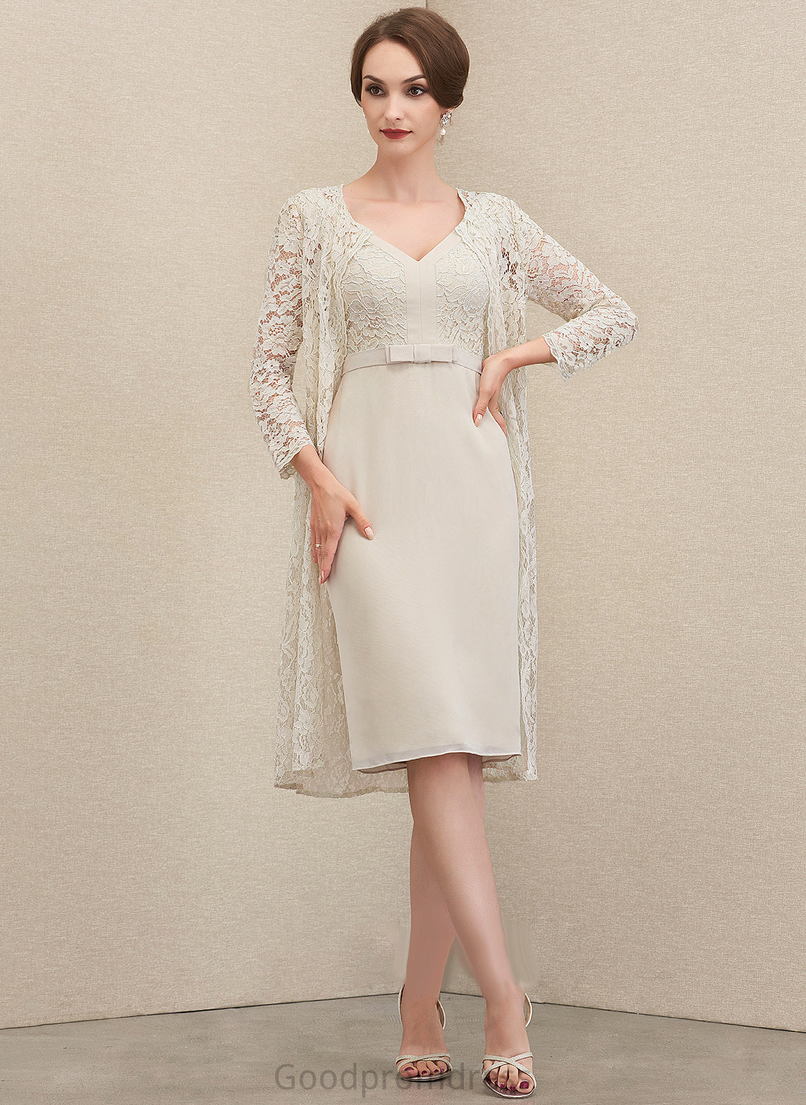 the Bow(s) Mother of the Bride Dresses Bride of With Mother Chiffon Martina Knee-Length Lace Dress Sheath/Column V-neck