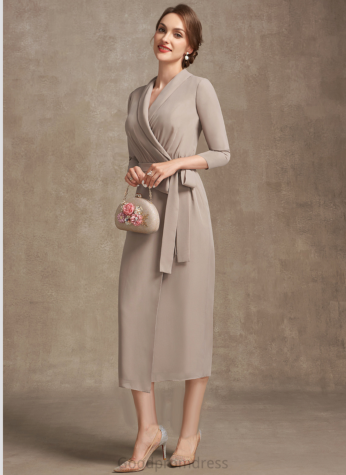 Chiffon With Bride Mother of Dress Mother of the Bride Dresses Bow(s) Tea-Length Maddison V-neck Sheath/Column the